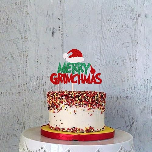 Vista 34 de Rsstarxi 1 paquete de decoración de pastel de Navidad con purpurina verde y rojo hojas de acebo y bayas, sombrero de Papá Noel, barba, decoración