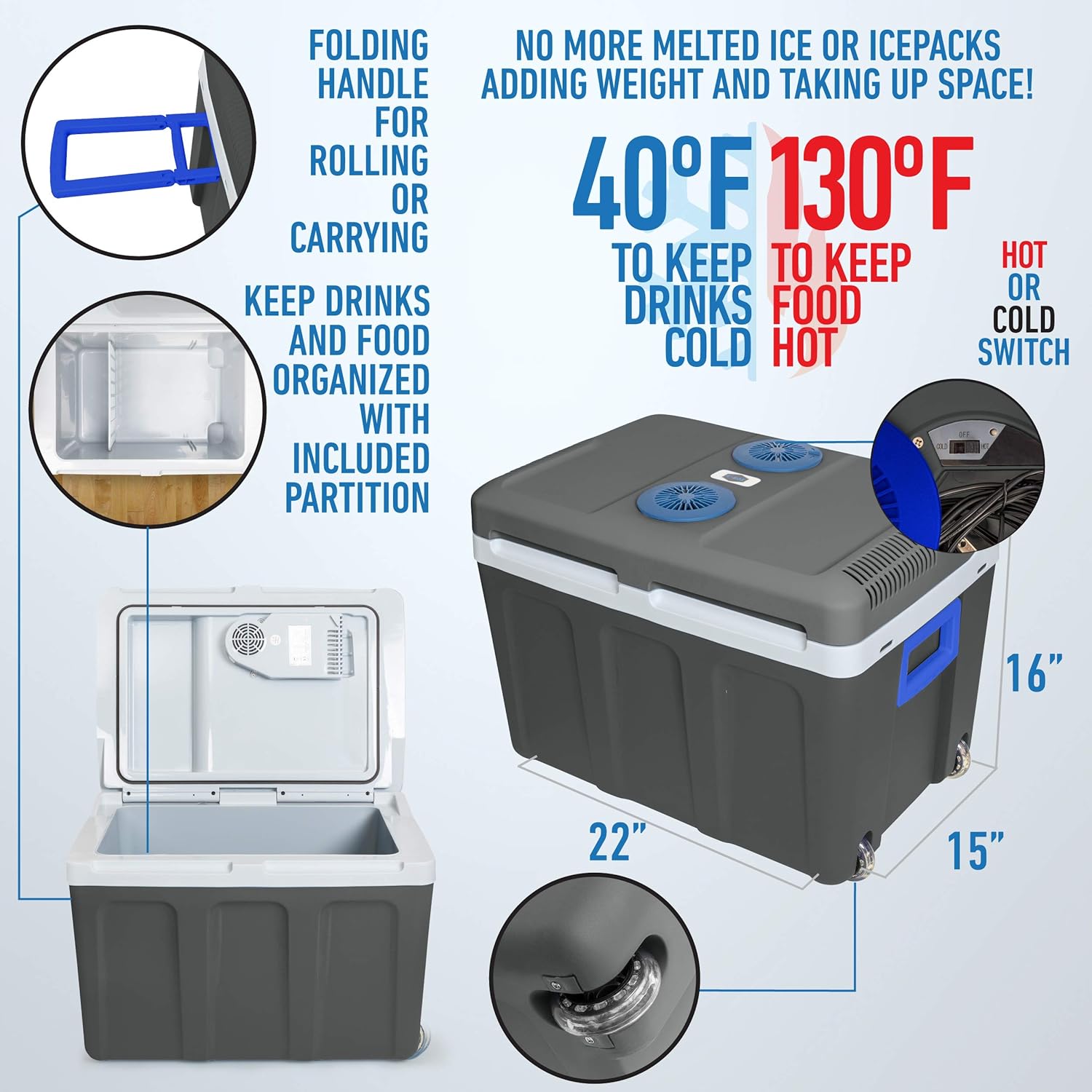 K-box Electric Cooler and Warmer with Wheels for Car and Home - 48 Quart (45 Liter) - 6 FT. EXTRA Long Cables Dual 110V AC House and 12V DC Vehicle Plugs (Grey White Blue) : Automotive