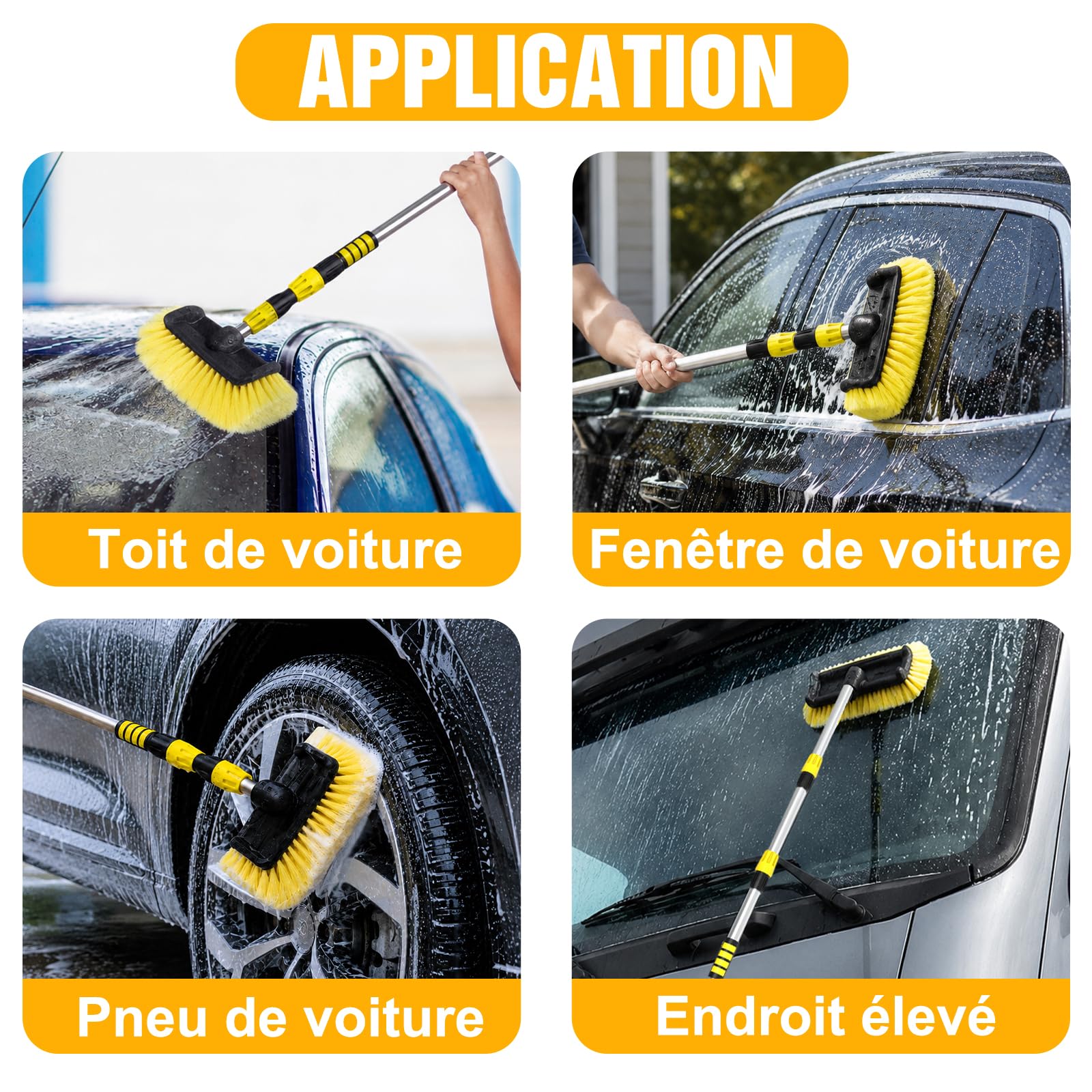 LAANPOLE Brosse Lavage Voiture 3,6m, Brosse Nettoyage Voiture avec Poils Doux 30cm Et Distributeur De Savon, Balai Nettoyage Voiture avec Perche Télescopique pour Camping-Car, Camion, Bateau, Jaune