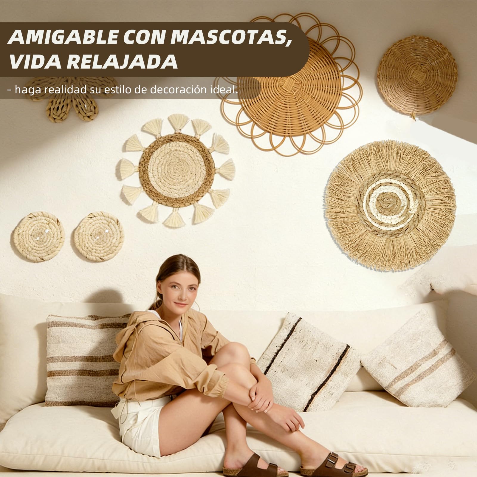 CeyKvo Juego de 7 cestas de pared de estilo bohemio, decoración de pared de mimbre de algas marinas, decoración de pared redonda, ideal para sala de estar, dormitorio, etc.