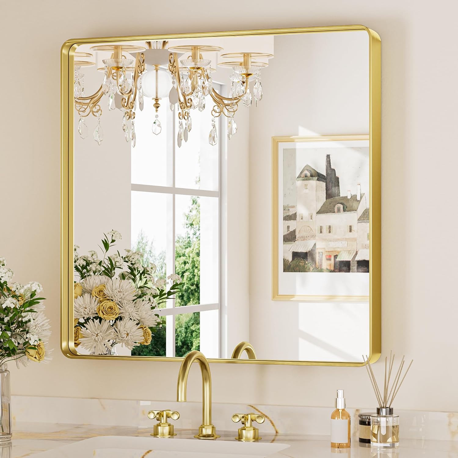 keonjinn gold bathroom mirror for over sink, 30" x 30" brushed brass mirror, large rounded rectangle gold vanity mirror with metal frame, hd tempered glass square wall mirror(horizontal/vertical) brushed gold 30"l x 30"w