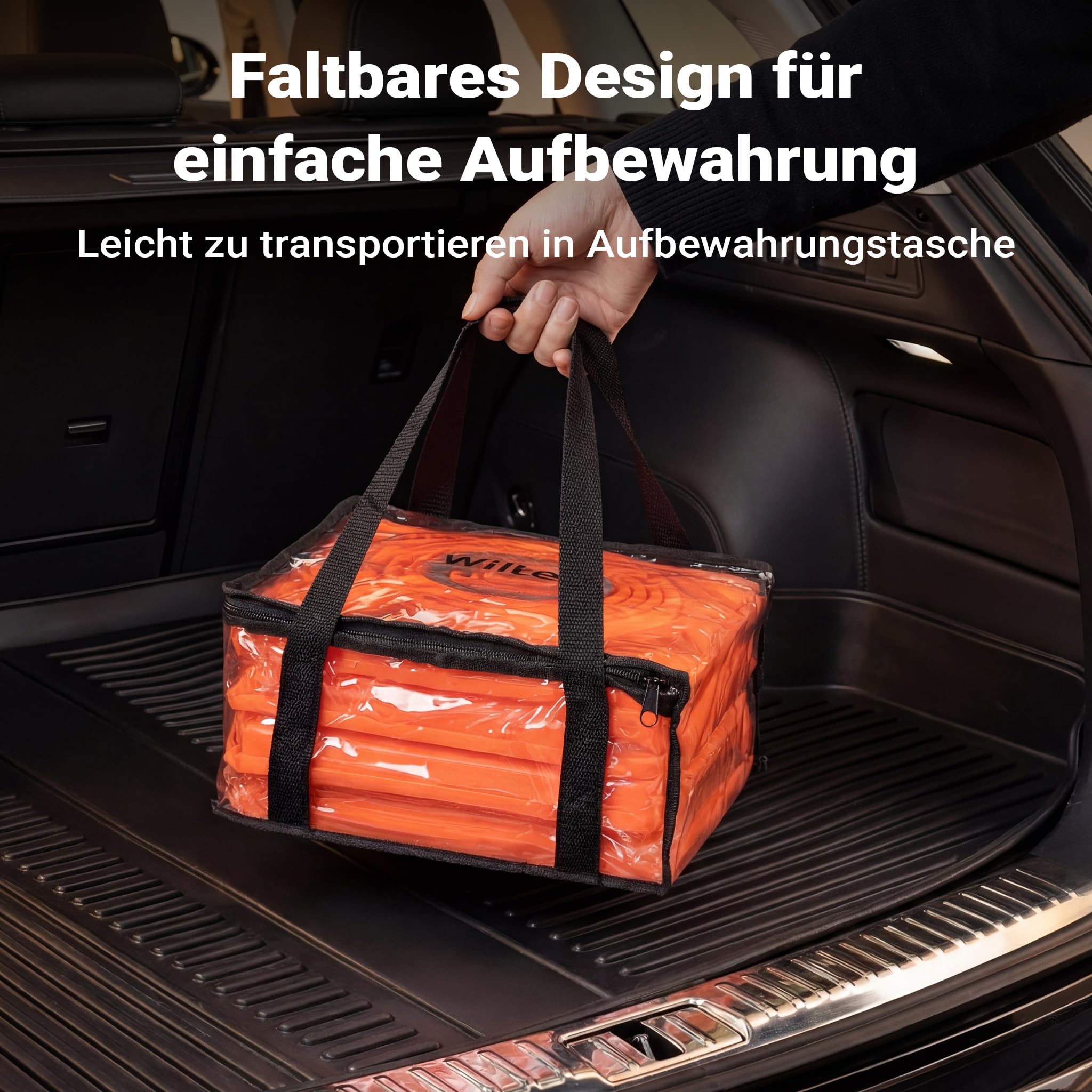 Wiltec 4x klappbarer Verkehrskegel 45 cm, Leitkegel zum Absichern, Pylone mit reflektierenden Streifen, Warnkegel inkl. Tasche