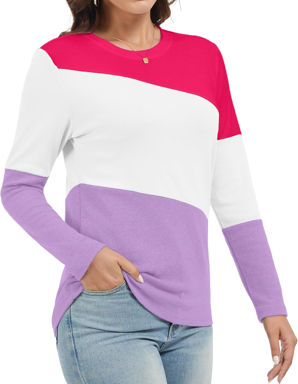 Women's Color Block Tunics Tops Crewneck Long Sleeve Shirts Casual Pullover Loose Fit T-Shirt - Image 3