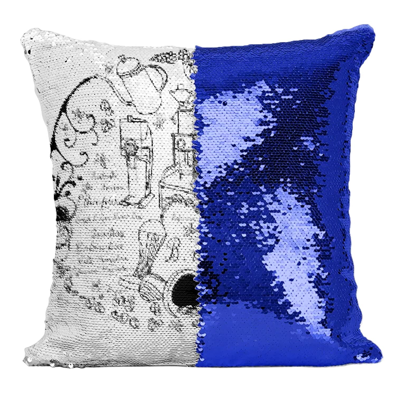 Coussin à paillettes bleu motif café idéal pour coin lecture cosy