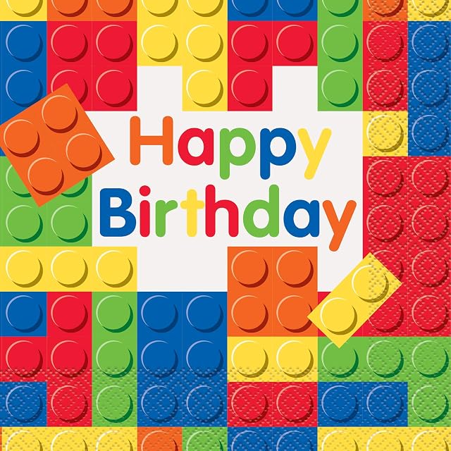 Unique Party 58232 - Building Blocks Birthday Paper Napkins, Pack of 16