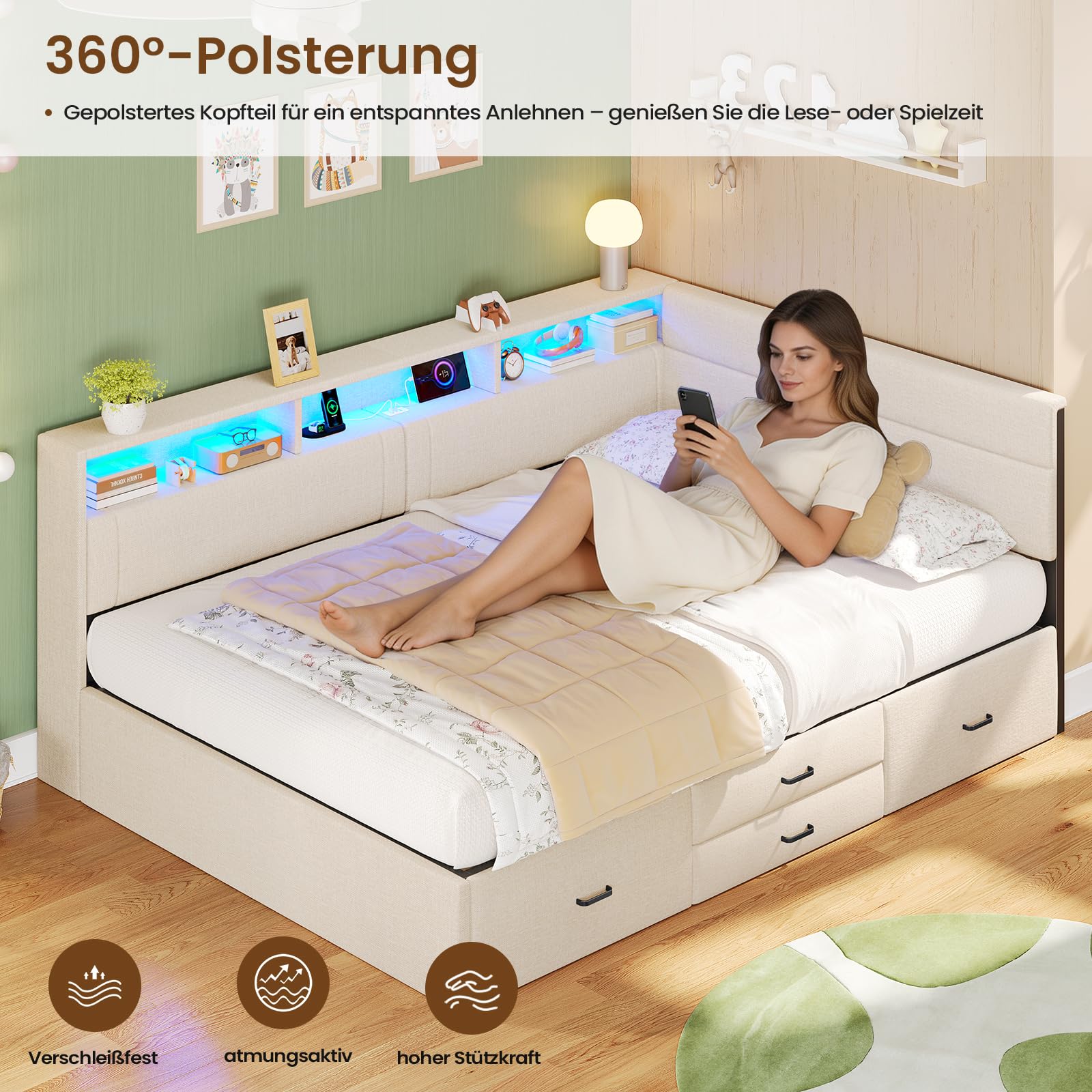 AOGLLATI Polsterbett Schlafsofa 140x200, Doppelbett mit LED-Beleuchtung & Ladestation, Betten 140x200 mit 4 Schubladen und Lattenrost aus Metall, Jugendbett Tagesbett, Leinen Beige (ohne Matratze)