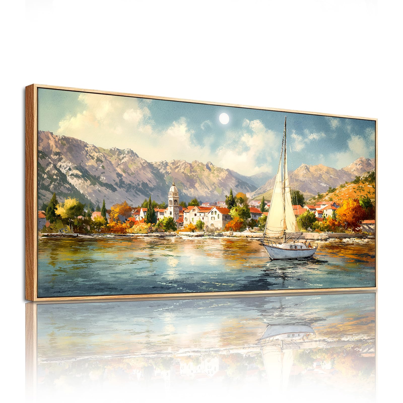 SERIMINO Modern Wandbild mit Rahmen Vintage Landschaft Bilder 50x100 cm | Küstenstadt Segelschiff Wanddeko, Hd Druck, Massivholzrahmen, Einfache Montage, Mehrgrößen Mehr, Vielseitig Einsetzbar