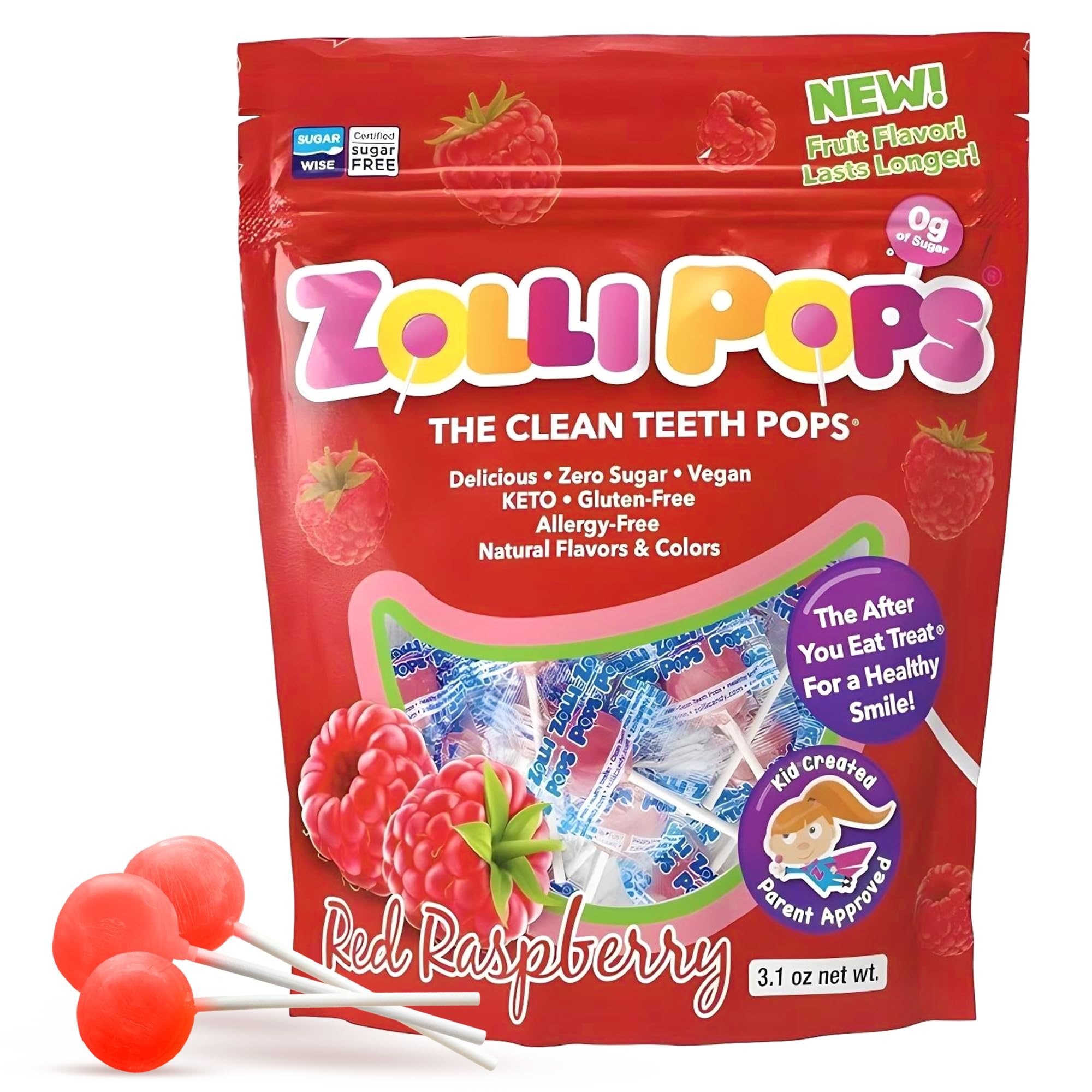 ZollipopsClean Teeth Pops Sugar Free Candy with Xylitol, Dye-Free Lollipops - Keto & Diabetic-Friendly, Dentist-Approved Treats for Kids (Raspberry, 3.1 oz)