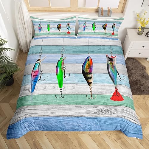Erosebridal Funda de edredón colorida de peces tamaño King, funda de edredón de pesca con anzuelo para niños, niñas y adolescentes, funda de edredón