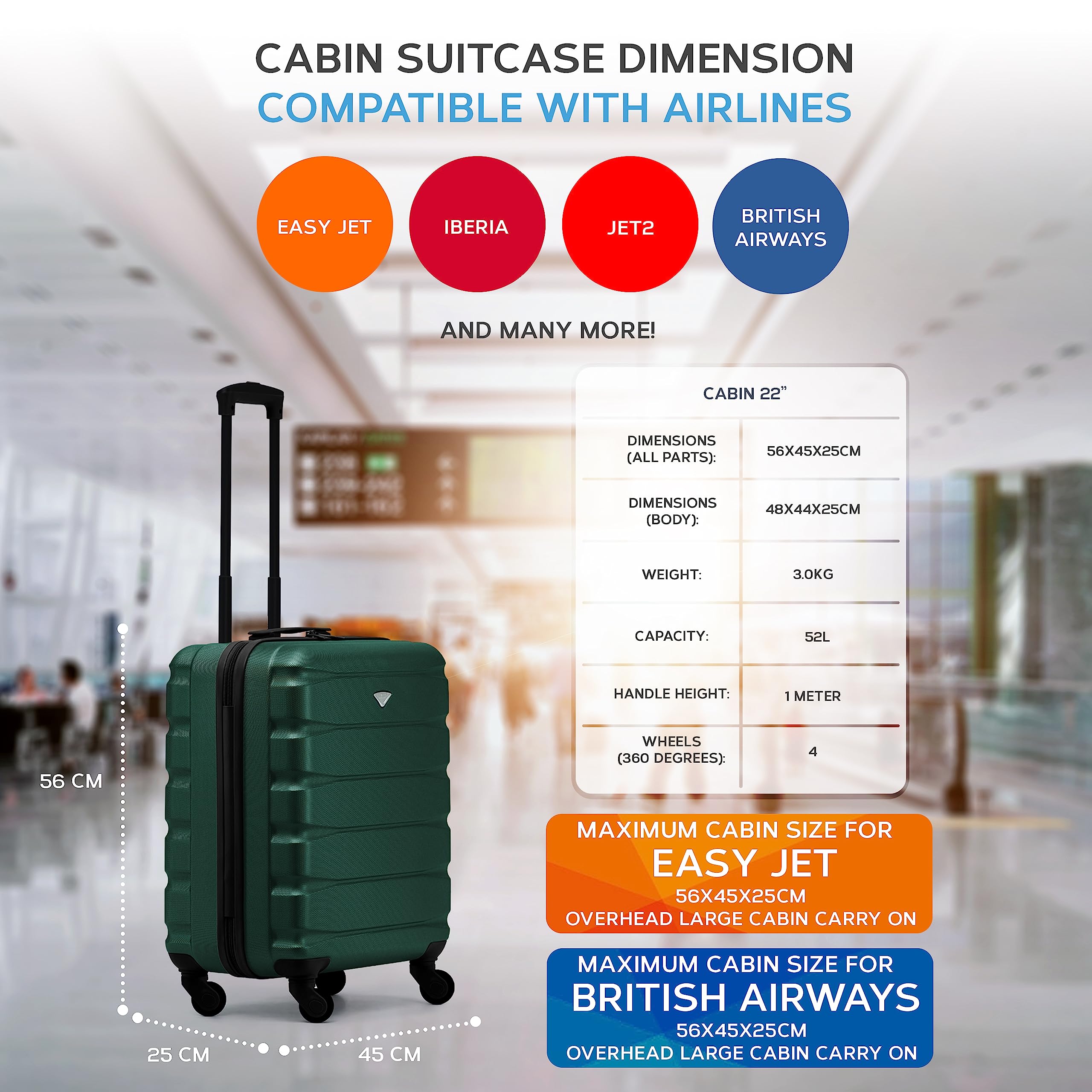 Flight Knight 56x45x25 EasyJet Cabin Bag, Jet2, British Airways Suitcase - Lightweight Small Durable 4-Wheel Cabin Case, Maximum Carry-On Size, ABS Hard Shell, 10kg Hand Luggage Bag- 56 x 45 x 25
