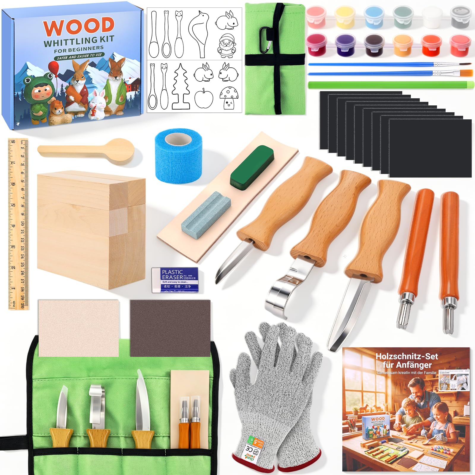 29-Teiliges Schnitzset Kinder ab 8 Jahre – Holzschnitzwerkzeug Set mit 5 Schnitzmessern | Komplettes Schnitzmesser Kinder ab 8 Set inkl. Schnittschutz Stufe 5, Holz, Malset & Geschenkbox