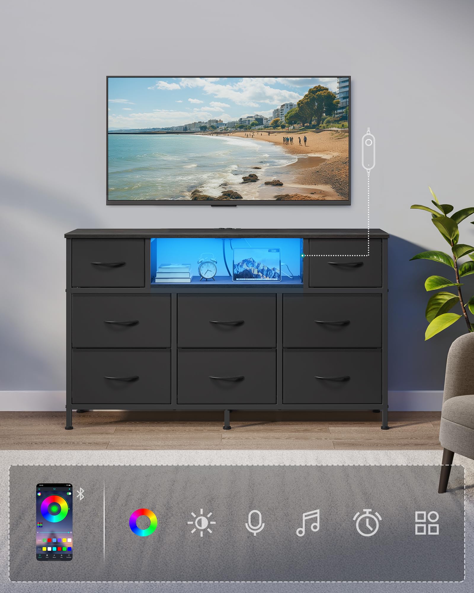 SONGMICS Komoda z 8 Szufladami, Szafka RTV z Oświetleniem LED i Stacją Ładującą, Otwarta Półka, Stalowa Rama, do Sypialni, Salonu, 113,8 x 30 x 68,1 cm, Czarny, Kolekcja BELLAH LGS433BH02