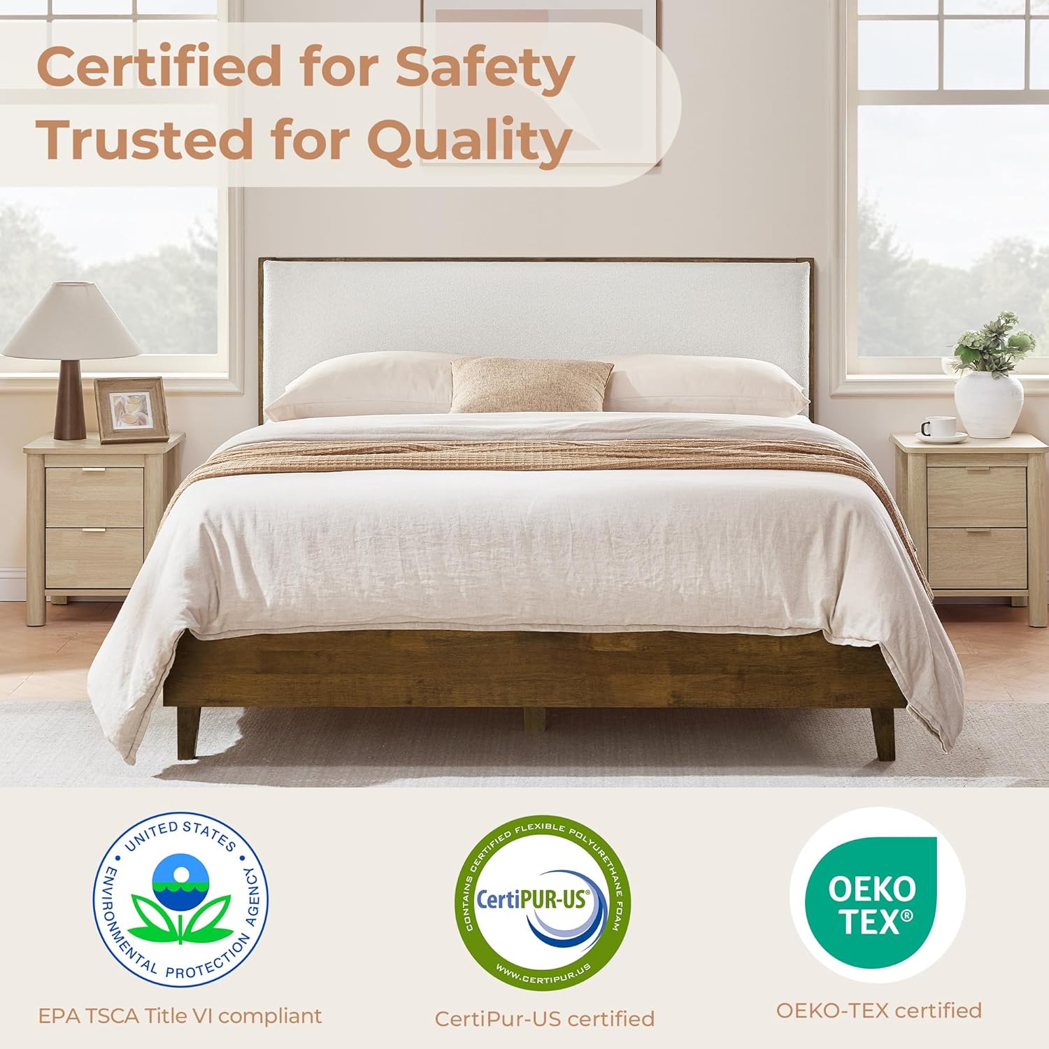 CHITA Queen Size Platform Bed Frame, with Boucle Upholstered Headboard and Wooden Slats Support, No Box Spring Required, Easy Assembly, Walnut