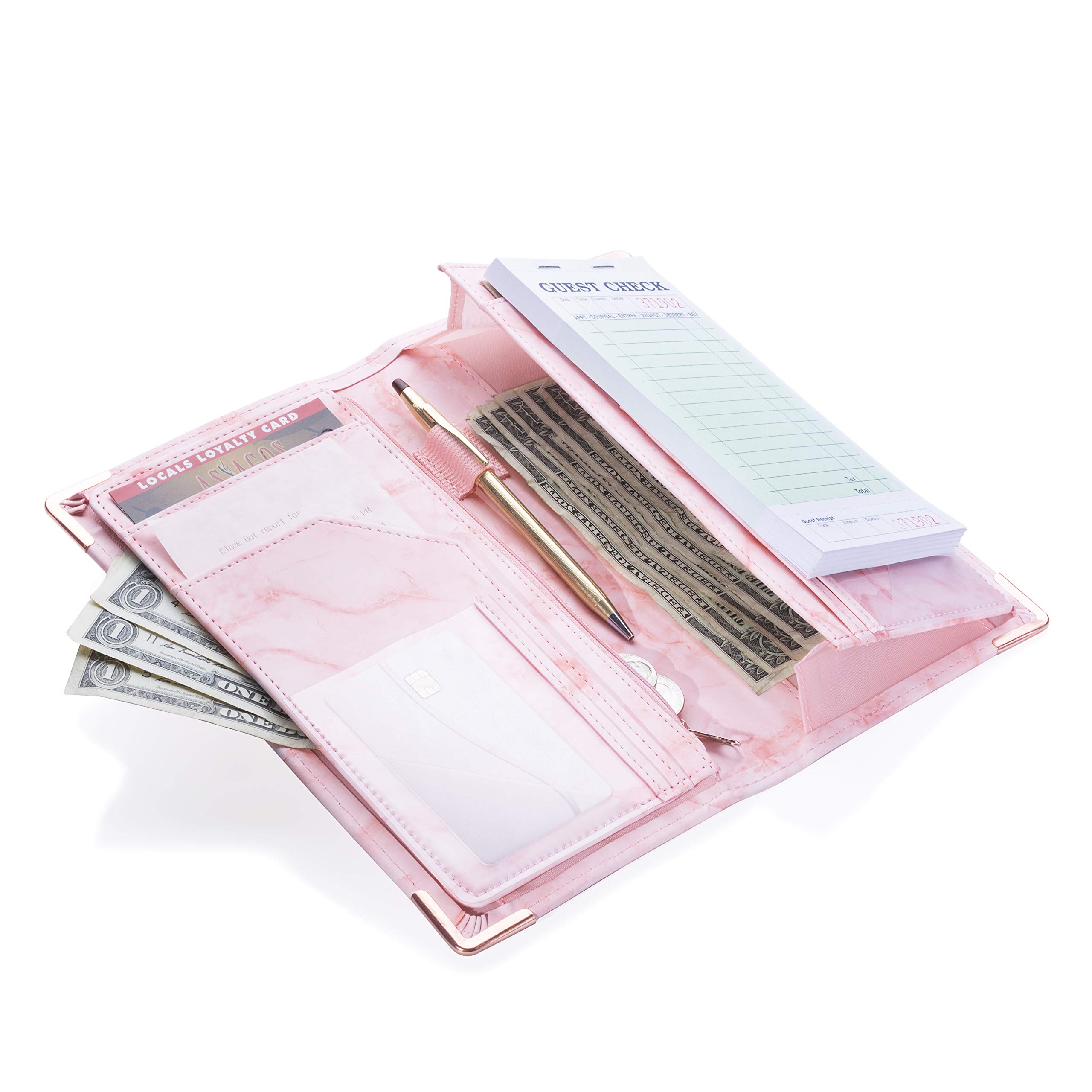 Sonic Server 11-Pocket Server Book Organizer with Double Magnetic Pockets, Zipper Pouch & Pen Holder for Waitress Waiter Waitstaff | Marble and Cross-Textured | Fits Apron Holds Guest Checks