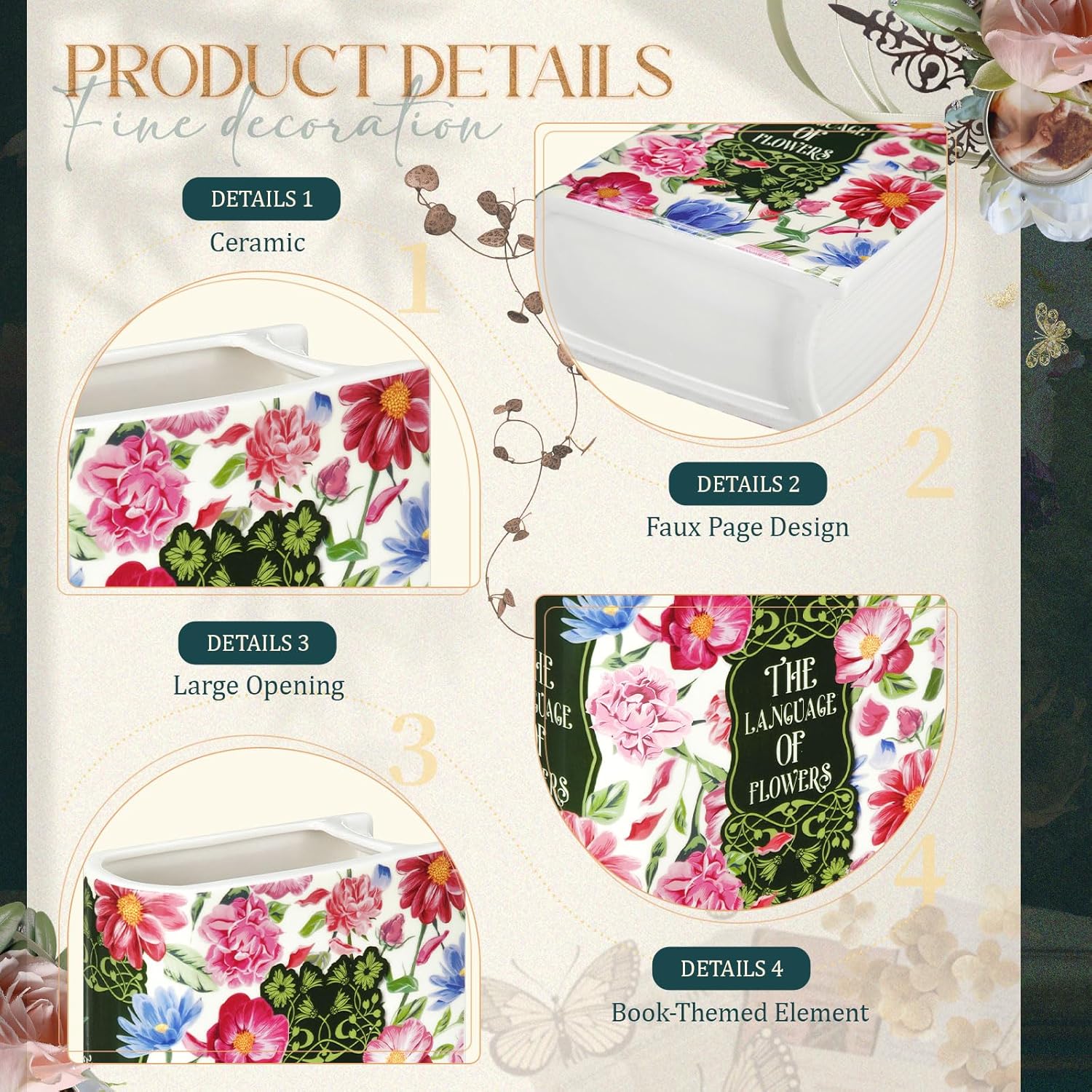 Large Book Shaped Flower Vase 8 x 5.3 Inch Ceramic Plant Pot Book Flower Vase Bookshelf Decoration Reader Lovers Gifts for Women Mother Home Office Decor(Modern,1 Pcs) - Image 3