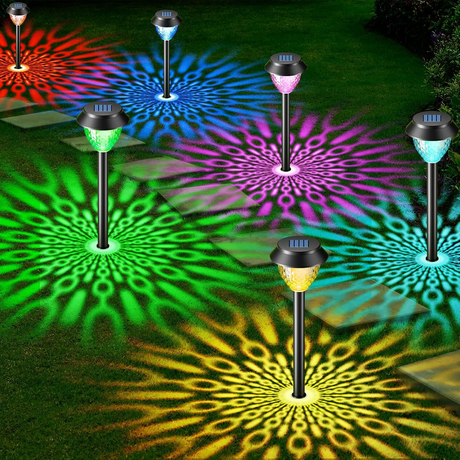 Solar Lights Outdoor Garden, 6 Pack Solar Garden Lights with Multi-Colour Changing+Warm White Modes Waterproof Pathway lights Ornaments Outdoor Solar Lights for Path Lawn Patio Landscape Decorative