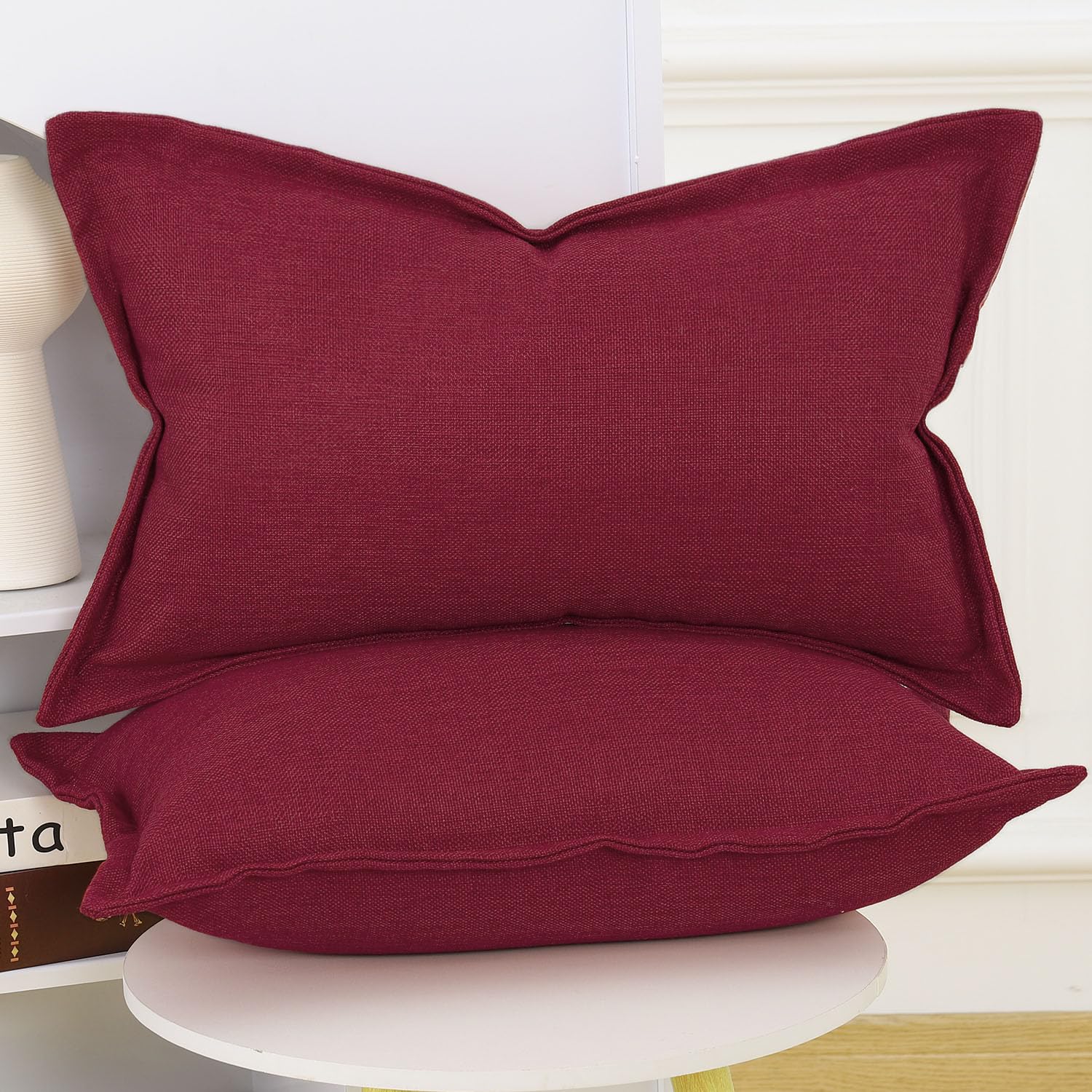 Madizz Set of 2 Faux Linen Cushion Covers with Broad Edge Soft Boho Decorative Pillow Cases for Sofa Bedroom Modern Pillow Shell 12x20 inch - Image 2