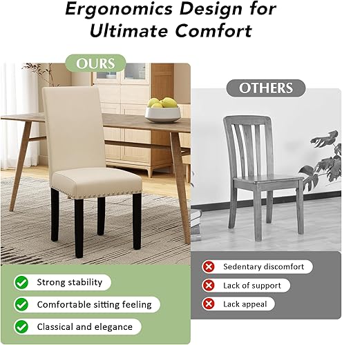Miniatura 6 de LSSPAID Juego de 4 sillas de comedor tapizadas de tela con ribete de cabeza de clavo y patas de madera maciza para el hogar y la cocina, color beige