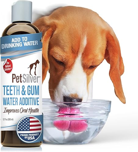 PetSilver Aditivo de agua para dientes y encías para el cuidado dental – Ambientador de aliento de mascotas – Apunta el sarro, la placa y elimina el