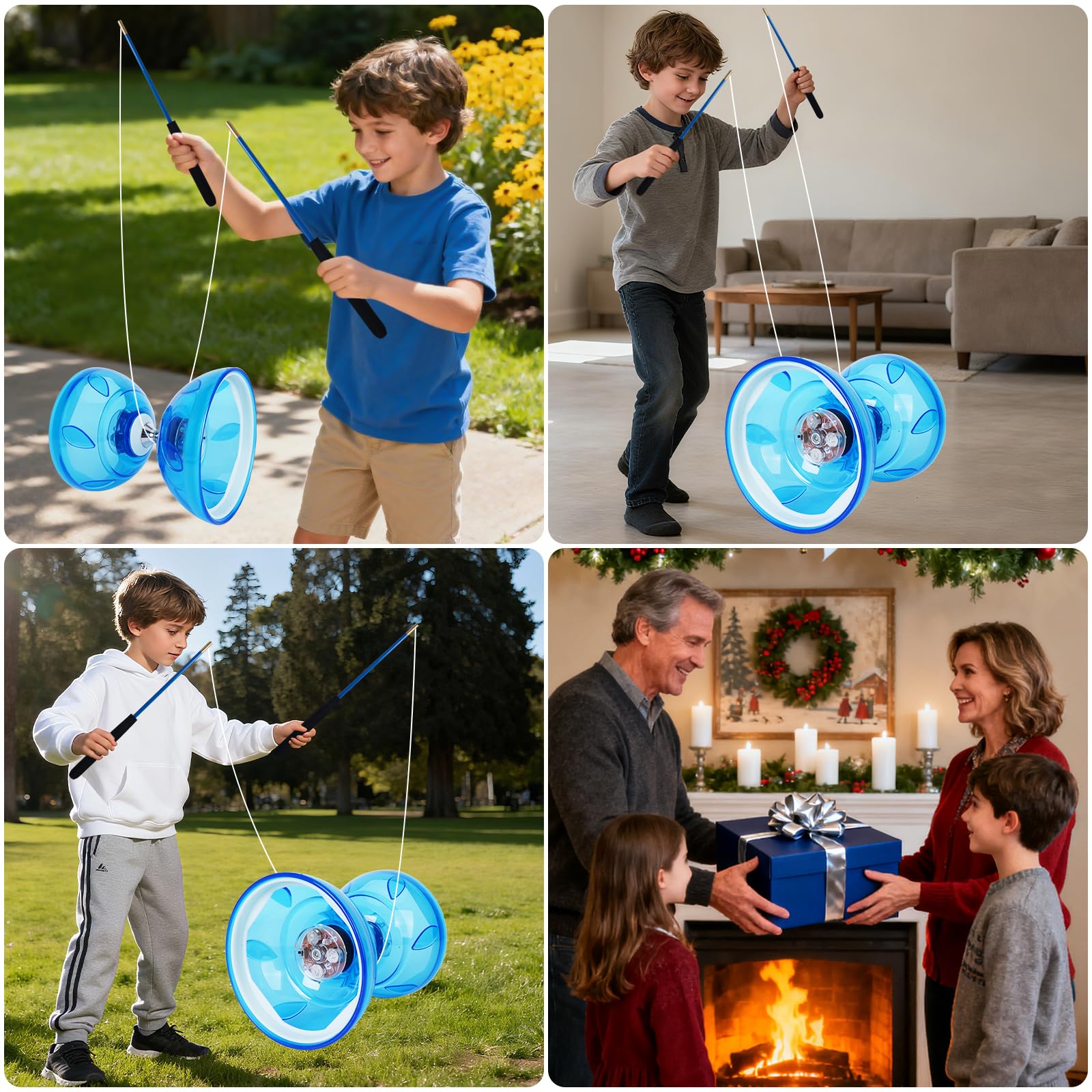 Juego de Malabares LED Diabolo, 4,5 mm Diábolo LED con Rodamiento de Bolas Diábolo Juego de Malabares para Principiantes Profesionales con 2 Bastones, 10M Cuerda de Repuesto, Bolsa de Guardado