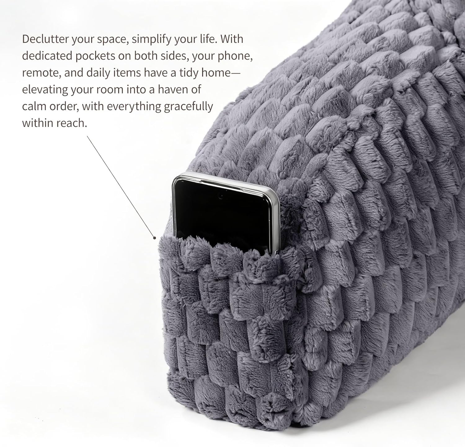 Faux Fur Reading Pillow for Bed Adults, Ultra Soft Plush Floor Backrest Pillow with Side Pockets for Bed & Couch, Perfect for Reading, Watching TV, Gaming, Relaxing, Gray