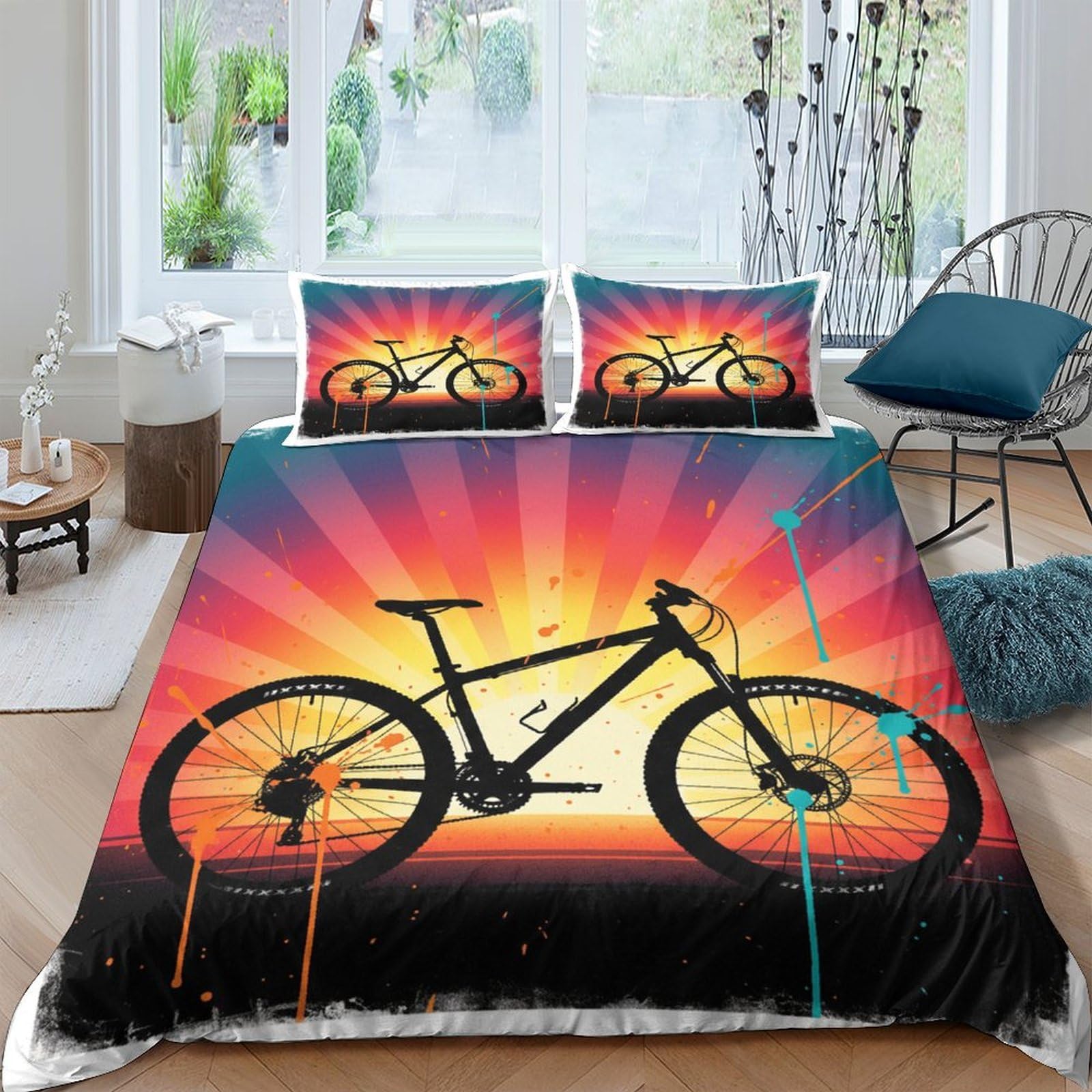 Ctjqhvkz Style-4 3D Printed Bicycle Sunset Fitted Sheet Microfiber Soft Breathable Sunrise Bed Cover For Bedroom Guest Room Decor Single（135X200cm）