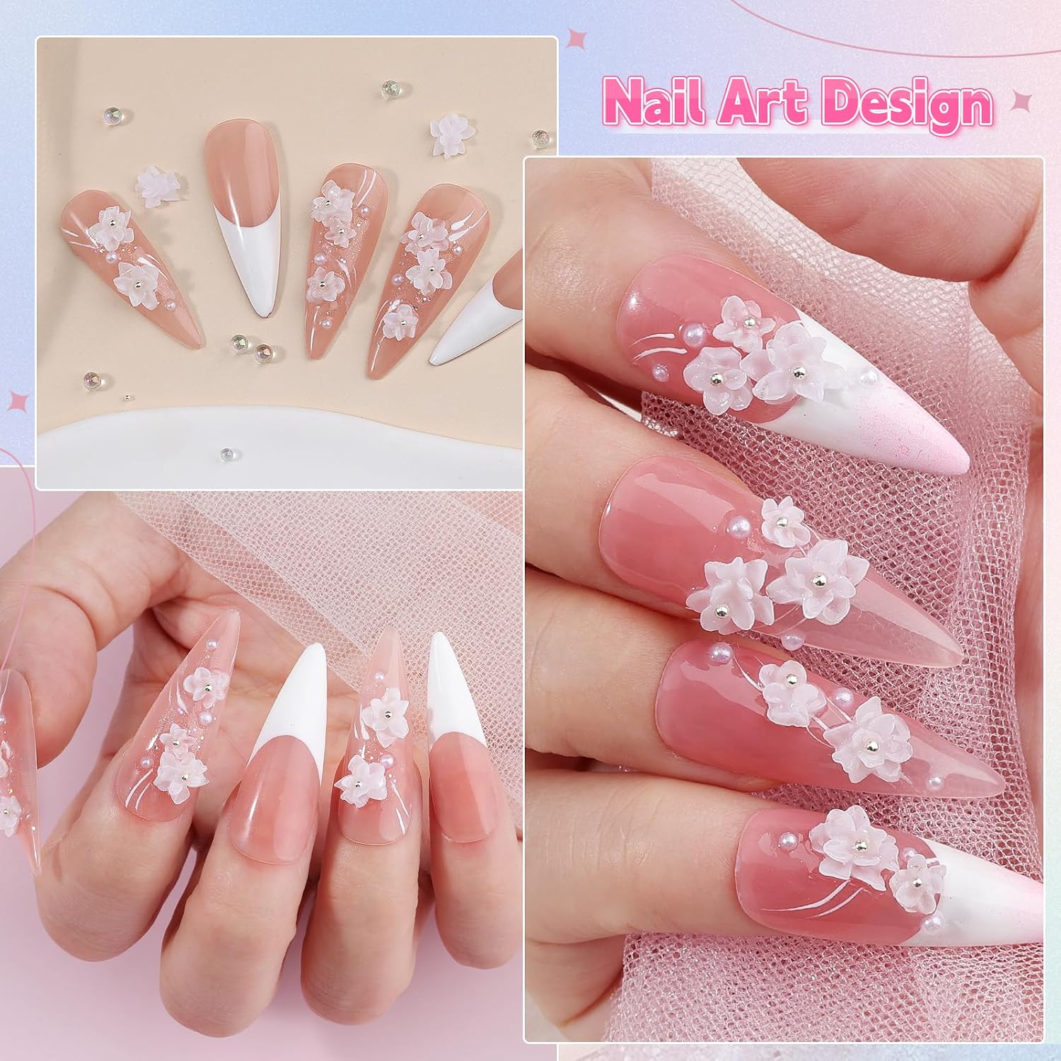 3D Flowers Nail Charms for Nail Art, 3D Acrylic Flower for Nails with Bubble Beads Caviar Beads Flatback Pearls with Tweezer for DIY Manicure (Flower-White)