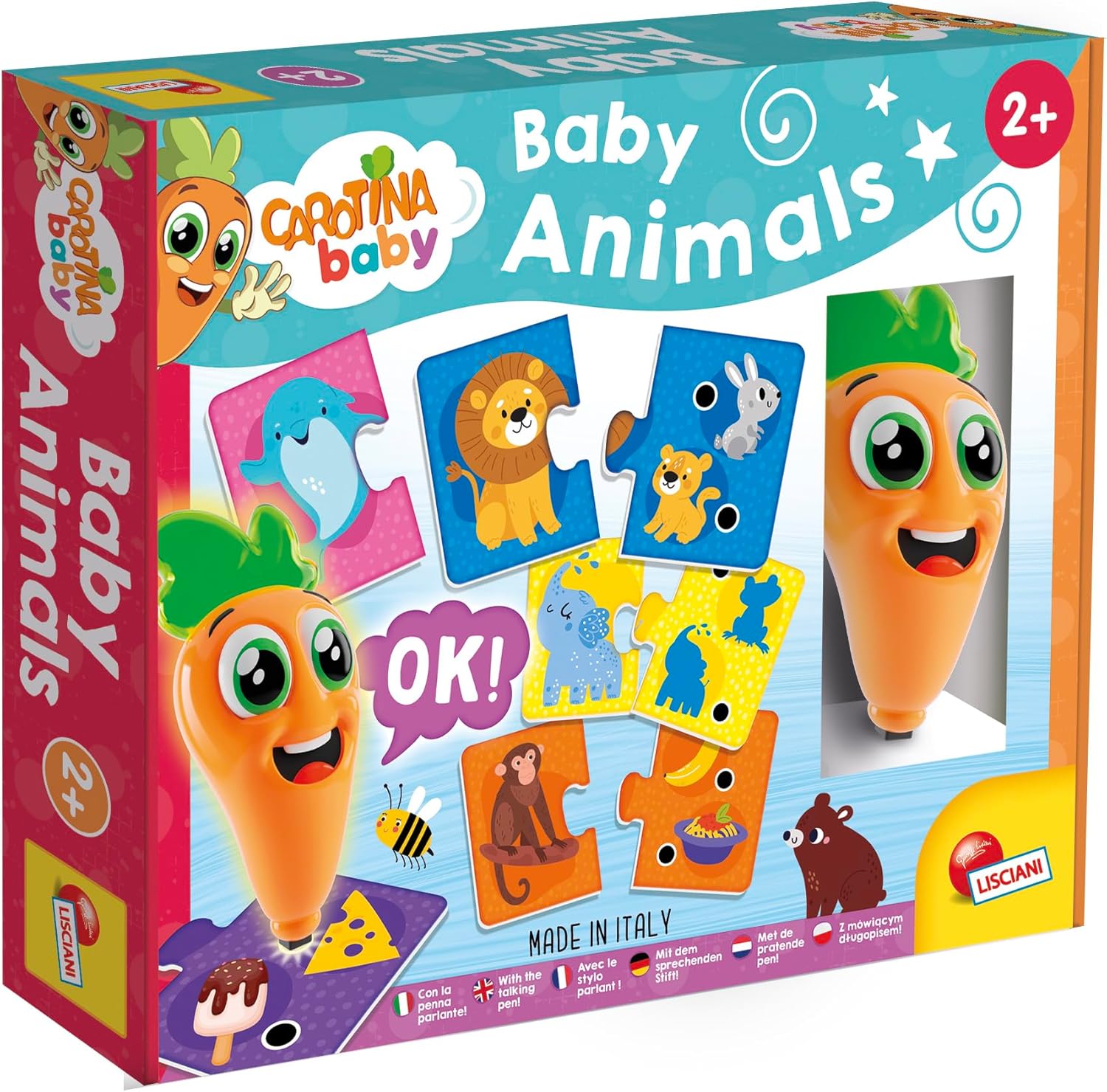 Lisciani - Baby Animals - Educational Game with Carotina Talking Light Pen - Gift Idea for Children from 2 Years - 10 Puzzles of 2 Pieces - Interactive Quiz Learn About Baby Animals