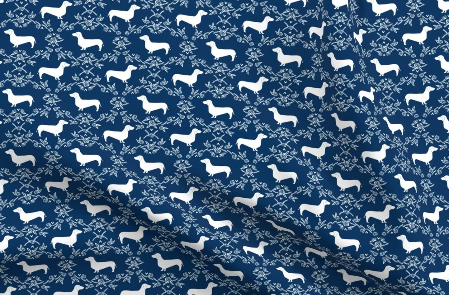Spoonflower Fabric - Dachshund Floral Dog Silhouette Breed Navy Dogs Printed on Minky Fabric by The Yard - Sewing Baby Blankets Quilt Backing Plush