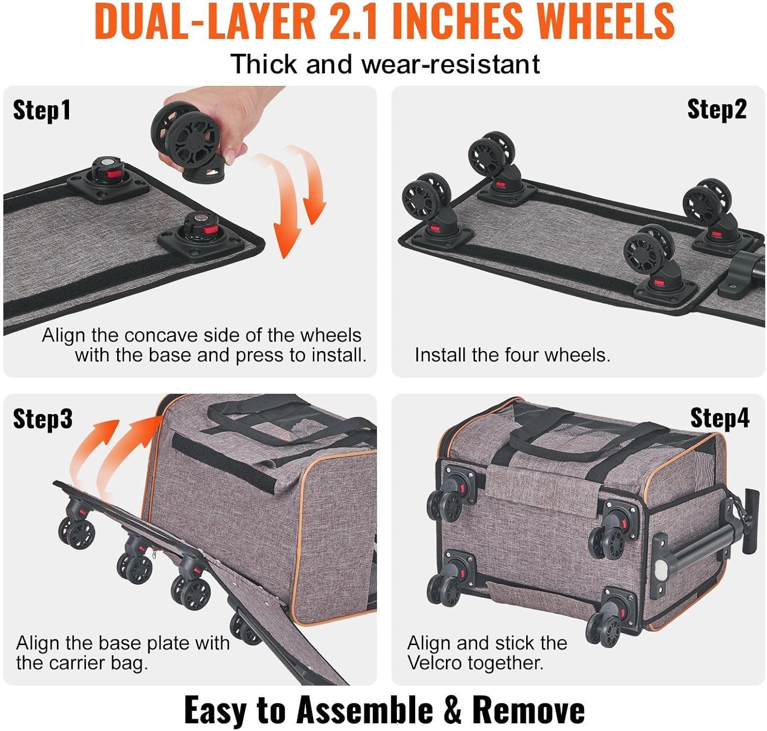 Cat Carrier with Wheels, Airline Approved Rolling Pet Carrier with Telescopic Handle and Shoulder Strap, Dog Carrier with Wheels for Pets Under 22 lbs, with 1 Folding Bowl, Grey