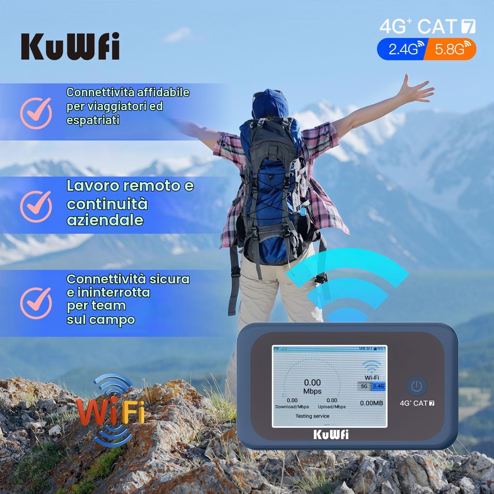 KuWFi Saponetta WiFi con SIM Card, Router WiFi Portatile 4G+ LTE Cat7 300Mbps Download, Hotspot Viaggio per Campeggio e Auto, Batteria 3000mAh per 10 Dispositivi