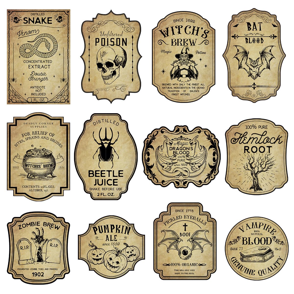 36 Pcs Halloween Wine Bottle Labels Stickers Vintage Scary Potion Bottles Labels Halloween Animal Apothecary Bottle Stickers Classic Creepy Waterproof Wine Labels for Halloween Party Favor