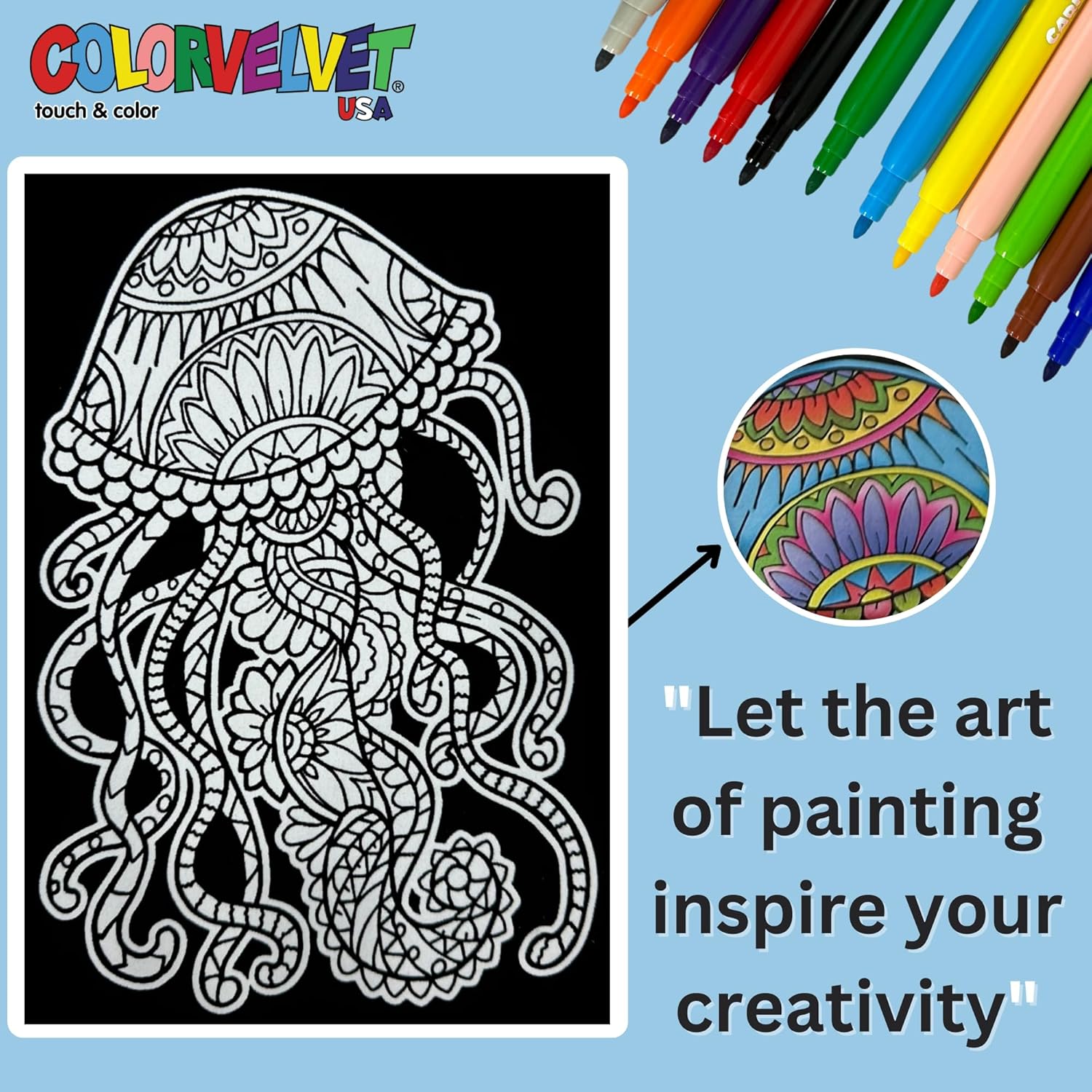 Jellyfish Velvet Coloring Poster Kit- 11.75” x 8.25” Velvet Art Board on 1.5” Thick Backing- Made in Italy- Includes 12 Watercolor Markers- Relaxing Ocean Themed Coloring Craft for Kids & Adults