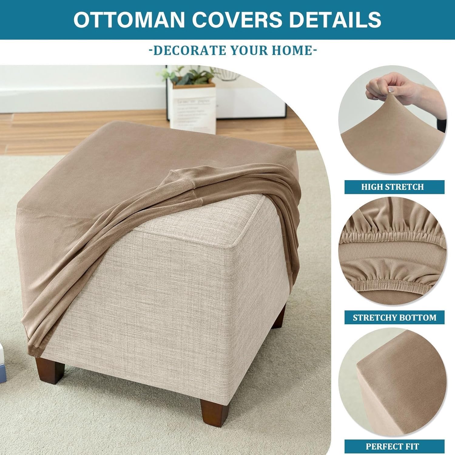 Funda de Puff Cuadrado Elástica de Terciopelo Funda Otomana Funda de Reposapies Sofa Cuadrada 40x40/80x80 Fundas Taburete(Taupe,27-32in/68-81cm)