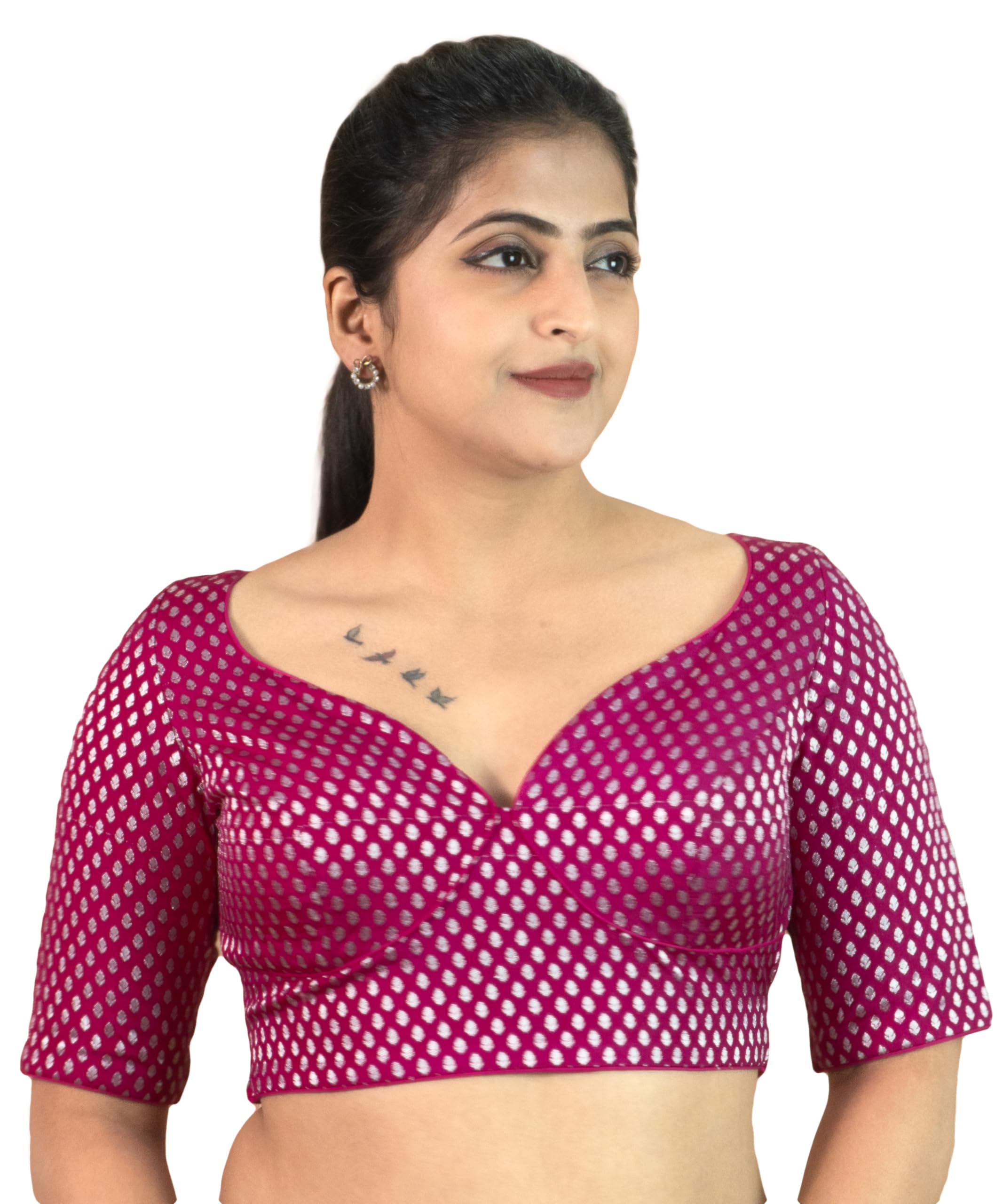 Women's Brocade Floral Printed Sabyasachi Cut Elbow Half Sleeves Sweet Heart Neck Readymade Saree Blouse Ethnic Designer Stitched Handmade Top Padded Pink Black B12-image-33