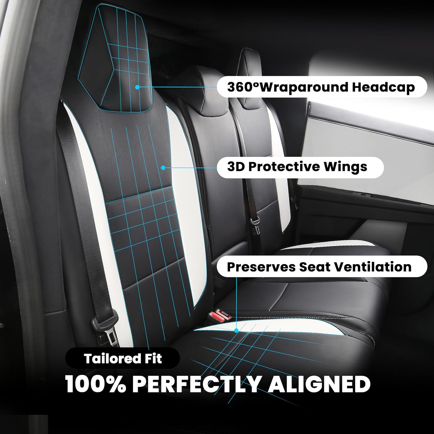 Car Seat Covers Full Set for Cybertruck, Full Coverage Nappa Leather Seat Protector Front Seats Back Seat Cover for Cybertruck Interior Accessories (White and Black)