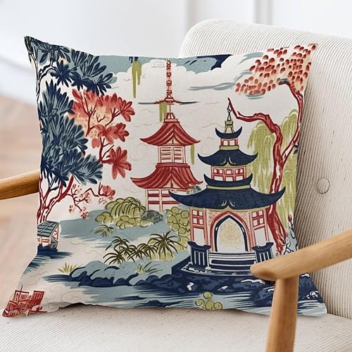 Miniatura 3 de ArogGeld Funda de Cojín para Sofá Estilo Chinoiserie Cubierta Roja Negra Pagoda Acuarela Flor Fundas de Almohada Decorativa Asiática Azul Oscuro