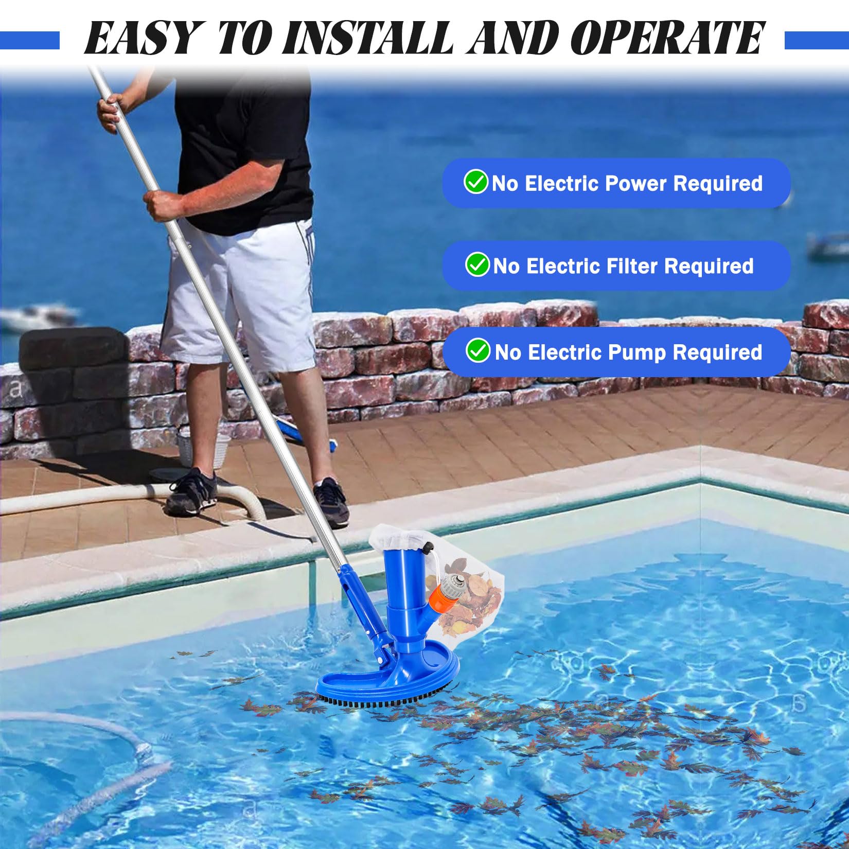 Aspirateur de piscine XL avec brosse incurvée prolongée, 4 barres en aluminium étendues et renforcées, kit de nettoyage de piscine