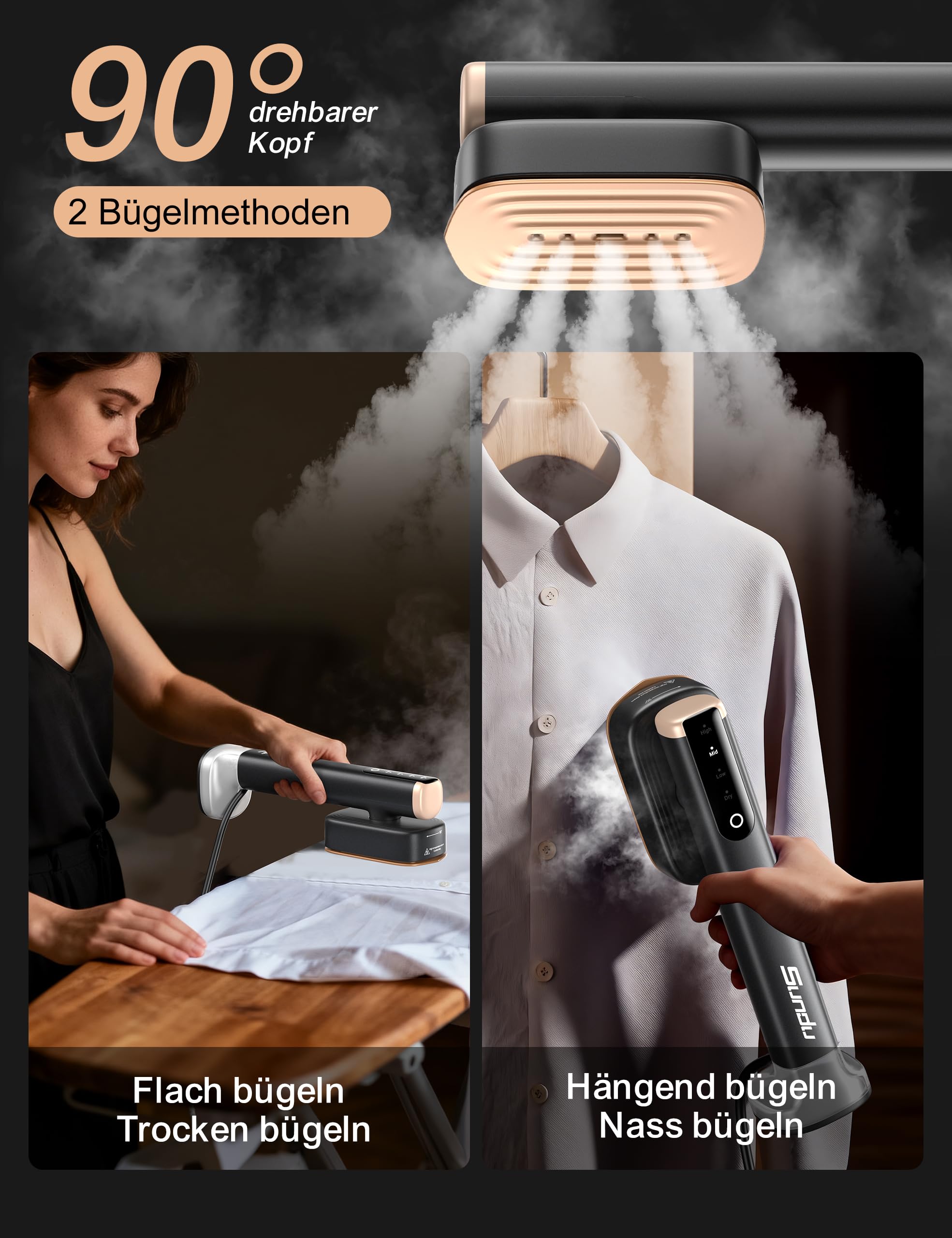 Sundu Dampfglätter, Steamer mit 2 Wassertanks (180 ml und 100 ml), 15S Schnelles Aufheizen, 24 g/min Starke Dampfleistung, Reisebügeleisen mit Touch-Steuerung, LED Display, Steam Iron Schwarz