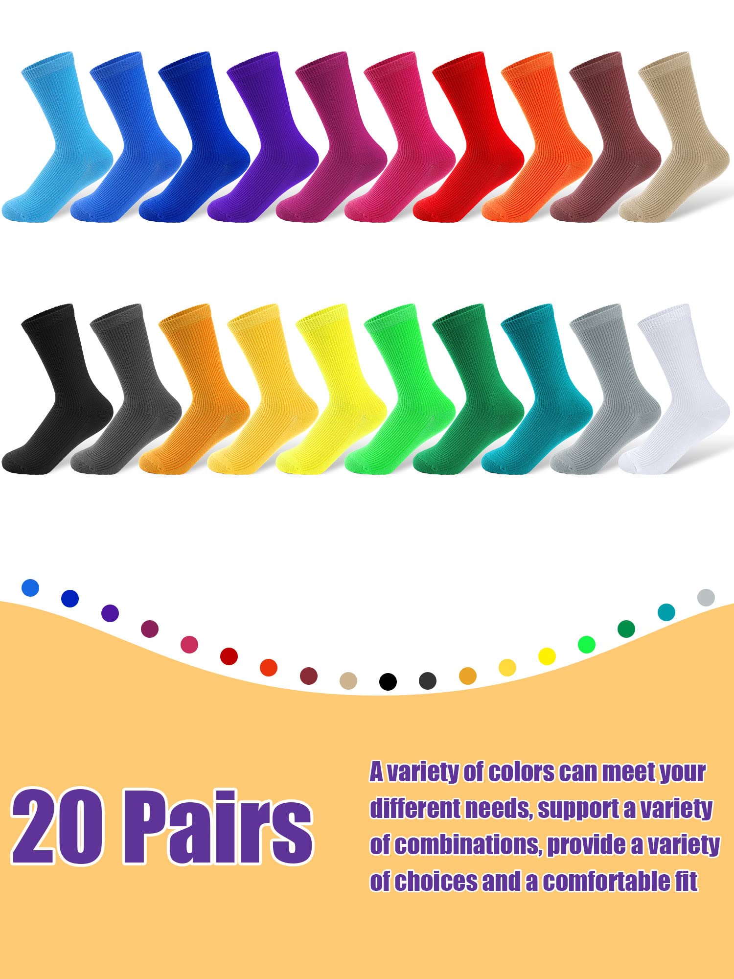 Yaomiao 20 Pairs Colorful Boys Solid Dress Socks Breathable Lightweight Cotton Crew Socks for Casual Athletic Boys Girls