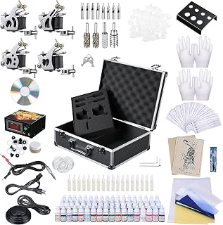 AW Tattoo Machine Kit Complete 4 Machine Guns Starts Kit 54 Color Ink Power Supply Equipment Foot Pedal Needles Grips Carry Case for Beginners Tattoo Artists