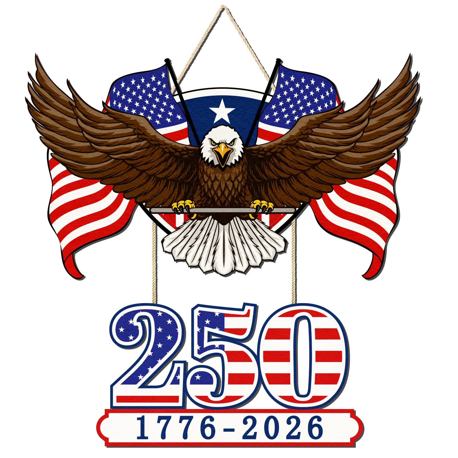 GULWAT 250th Anniversary America 4th of July Door Sign 1776-2026, Patriotic Wooden Hanging Wreath with USA Eagle & Flag, Independence Day Outdoor