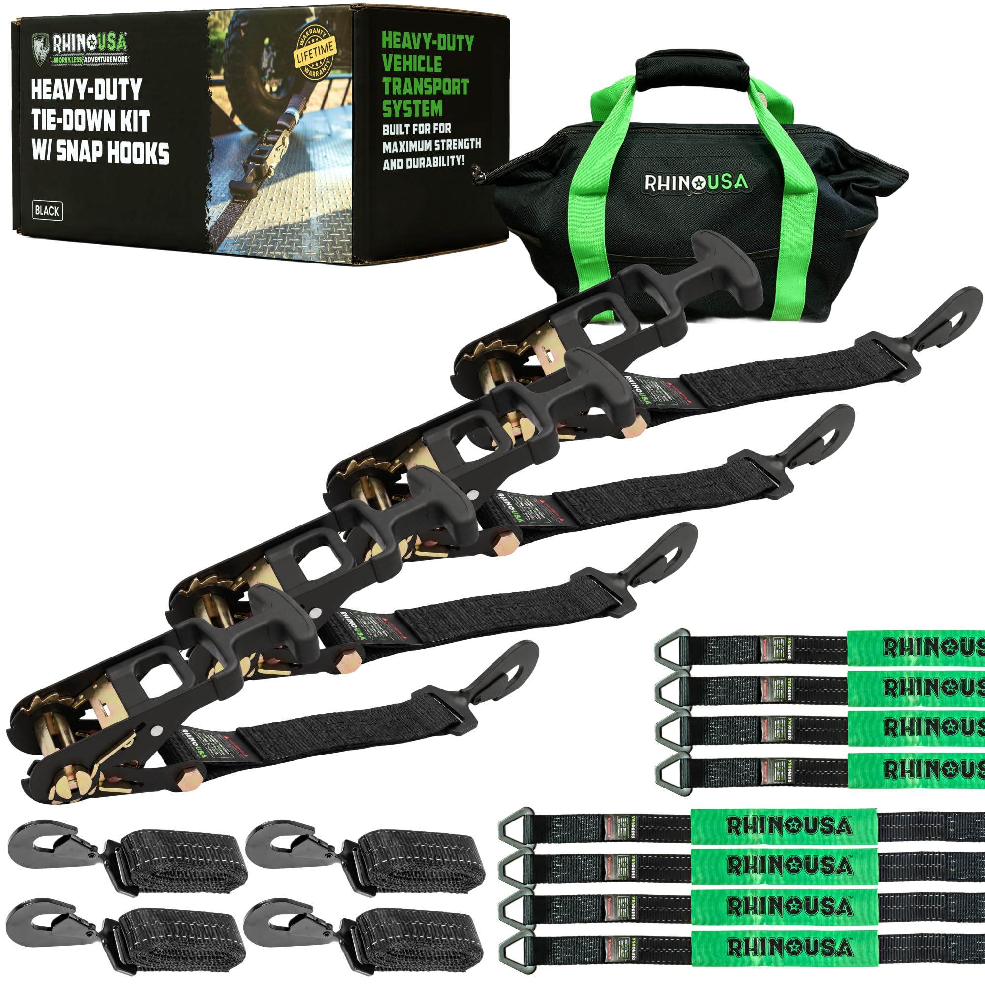 Rhino USA Car Tie Down Straps for Trailers with Snap Hooks (4-Pack) -2" x8' (10,000lb Break Strength) - Heavy Duty T-Handle Car Hauler Tire and UTV Axle Straps, Powersports & More - Black