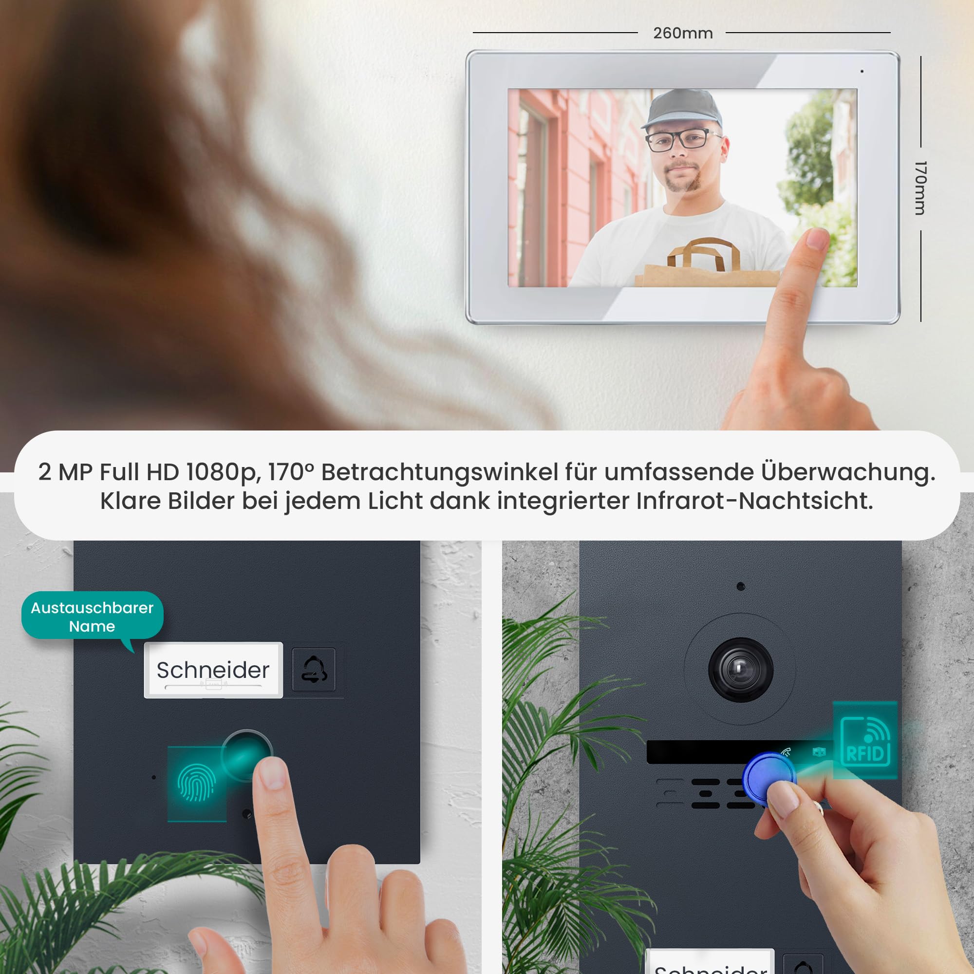 MATHFEL 2 Draht Video Türsprechanlage Einfamilienhaus Full HD mit 2 Jahren Garantie - Einfache 2-Draht-Bus-Installation - 170° Kamera, 1X7-Zoll Touchscreen, WLAN, RFID und Fingerprint Zugangskontrolle