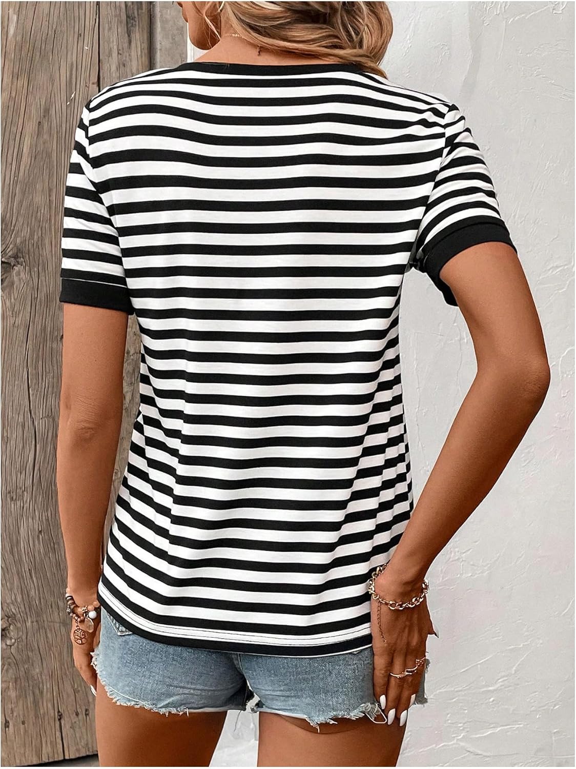 SweatyRocks Women's Striped V Neck T Shirts Short Sleeve Casual Tees Summer Tops - Image 2