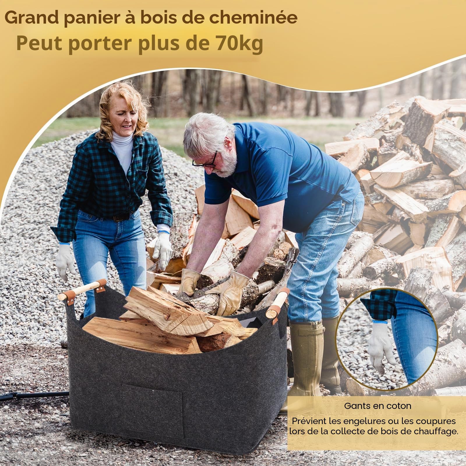 FINEW Panier à bois pour boiss de cheminée 90 L - Avec gants - 60 x 40 x 40 cm - Grand panier en feutre pour ranger le bois de chauffage, les journaux