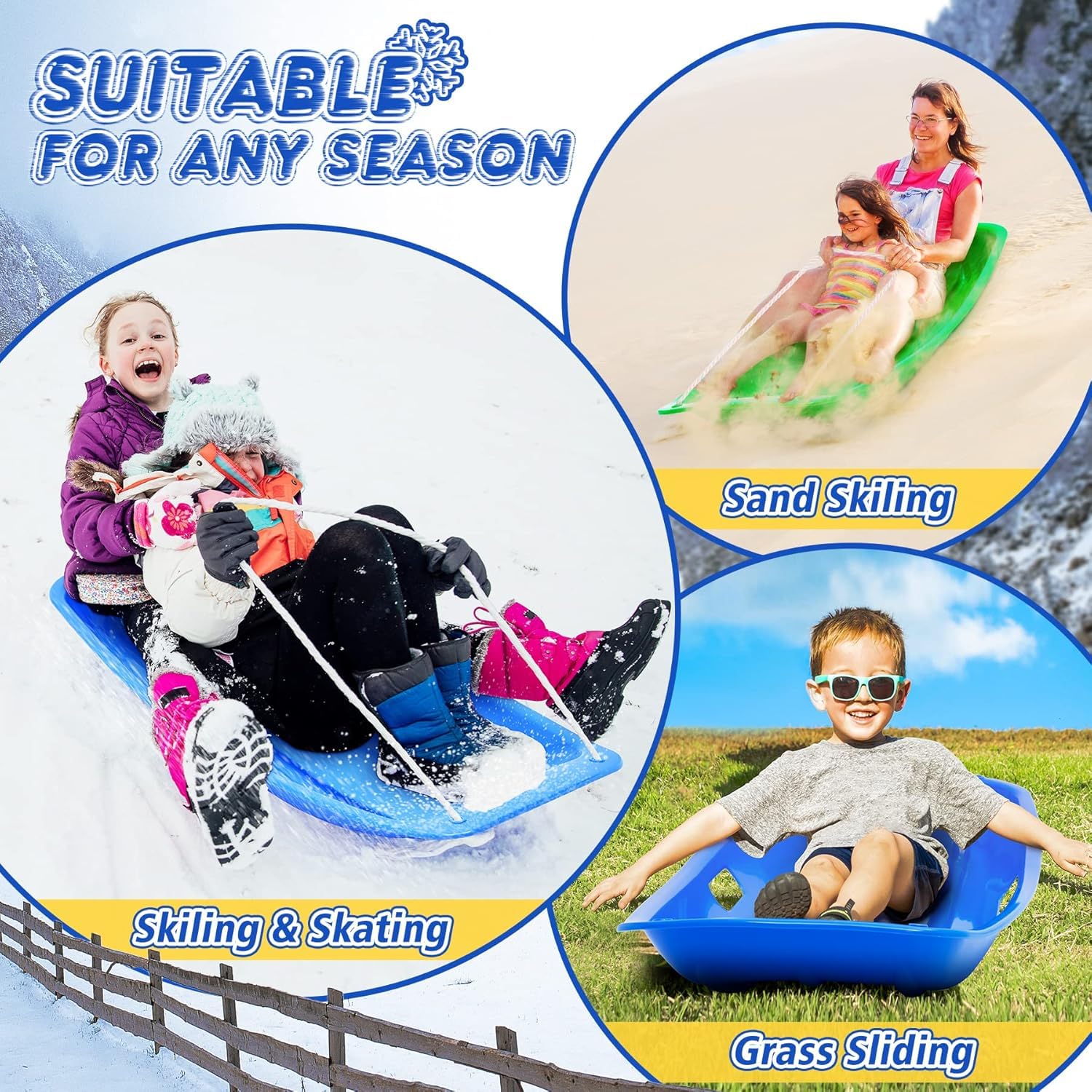 Trineo de Nieve Resistente con Cuerda de Tracción para Adultos y Niños, Tabla de Esquí Deportiva