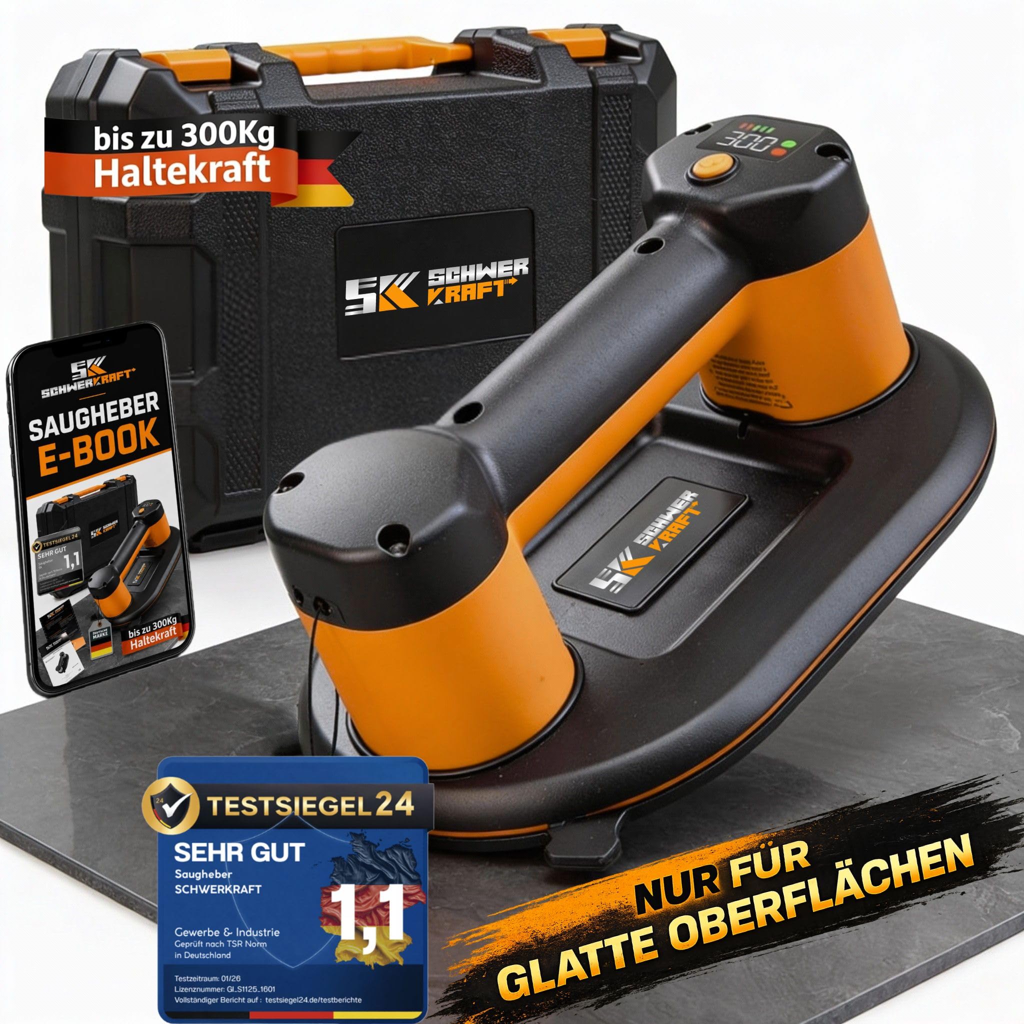 Sollevatore a batteria per piastrelle, sollevatore per piastre, forza di tenuta 300 kg | Aspirapolvere elettrico per vetro, piastrelle e lastre lisce - Ventosa con sottopressione automatica per una presa sicura