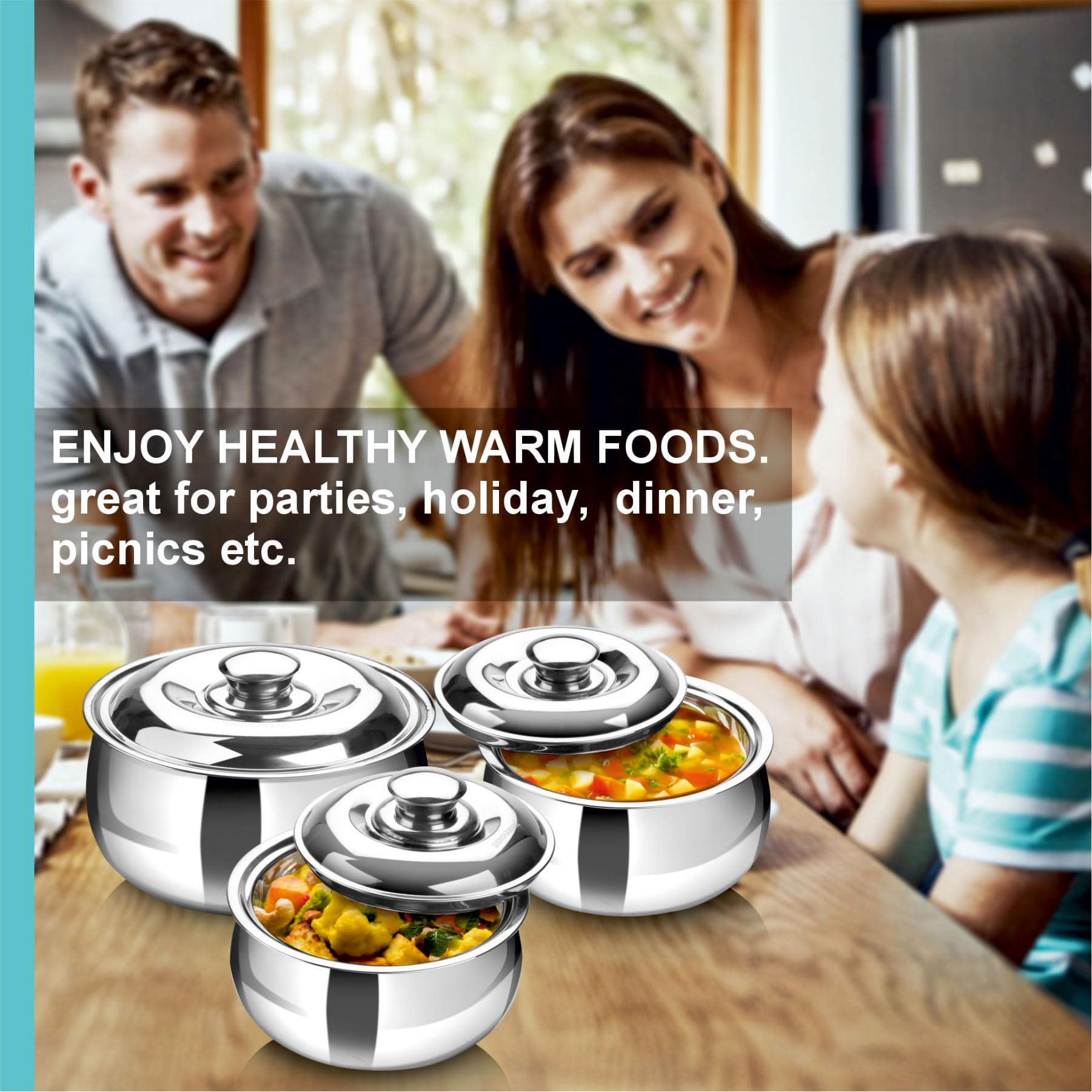 SIGNORA WARE Set di 3 grandi casseruole isolate con coperchio, in acciaio inox, per scaldavivande e insalata, contenitore termico per alimenti caldi, set regalo per mamme