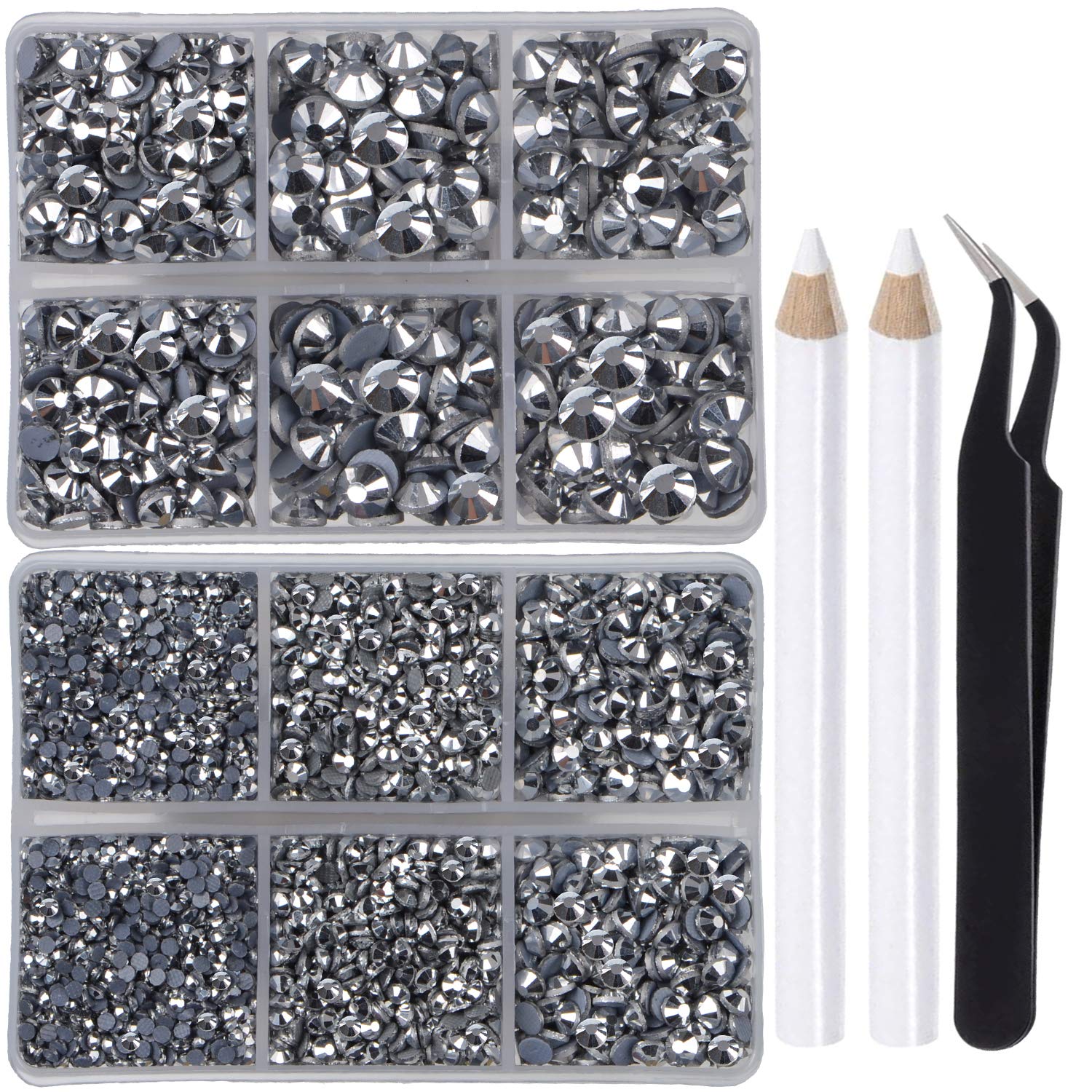 LPBeads 6400 Pieces Hotfix Rhinestones Metallic Silver Flat Back 5 Mixed Sizes Crystal Round Glass Gems with Tweezers and Picking Rhinestones Pen